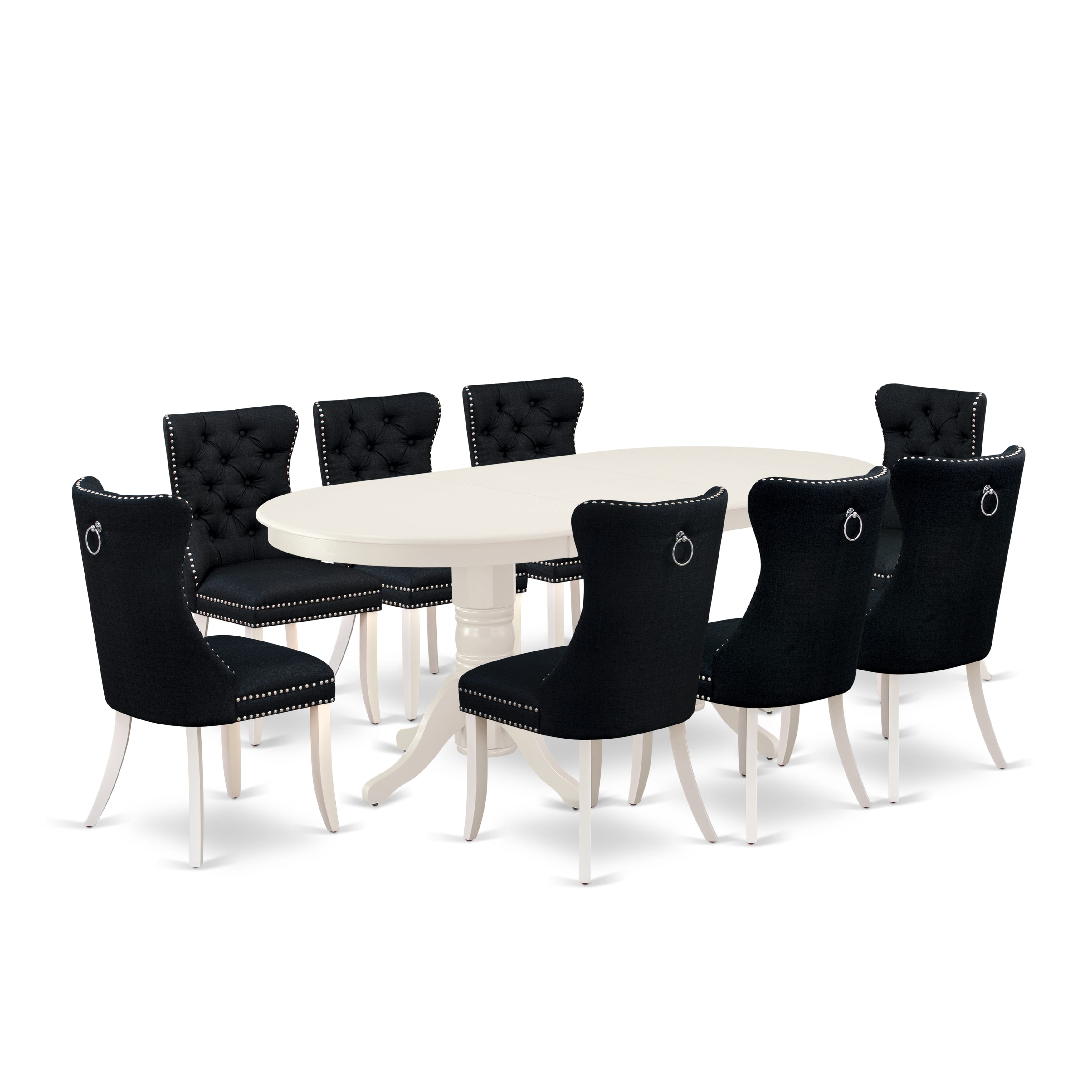 East West Furniture VADA9-LWH-24 9 Piece Dining Room Set Contains an Oval Wooden Table with Removable leaf and 8 Upholstered Chairs, 40x76 Inch, linen white