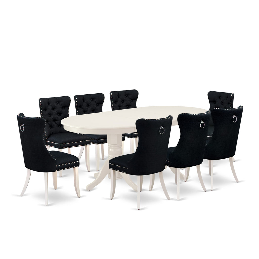 East West Furniture VADA9-LWH-24 9 Piece Dining Room Set Contains an Oval Wooden Table with Removable leaf and 8 Upholstered Chairs, 40x76 Inch, linen white