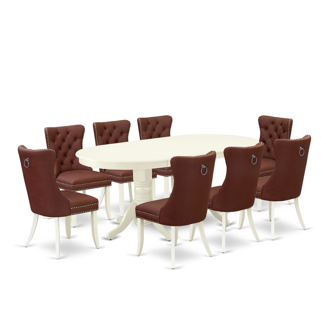 East West Furniture VADA9-LWH-26 9 Piece Dining Set Contains an Oval Kitchen Table with Removable leaf and 8 Upholstered Parson Chairs, 40x76 Inch, linen white