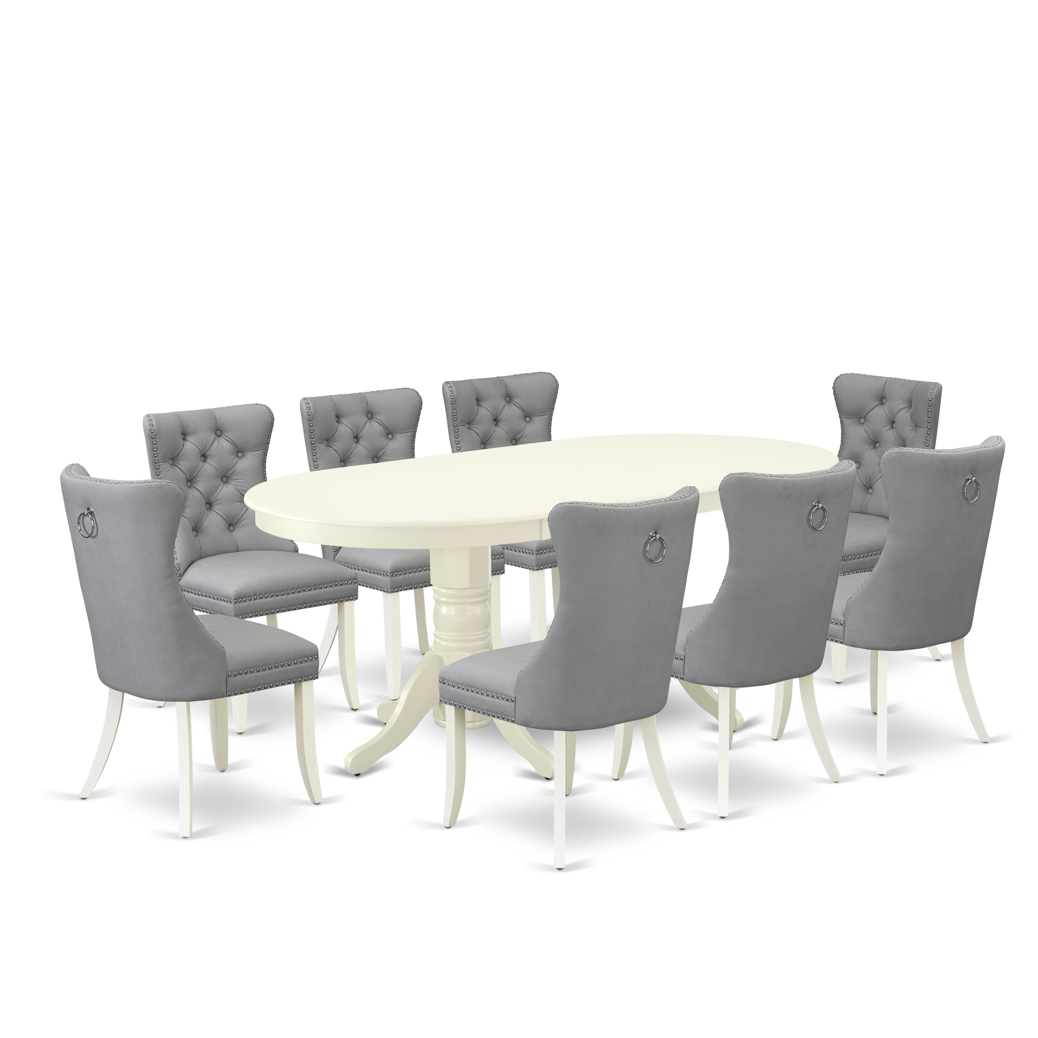 East West Furniture VADA9-LWH-27 9 Piece Dining Set Includes an Oval Wooden Table with Removable leaf and 8 Upholstered Parson Chairs, 40x76 Inch, linen white