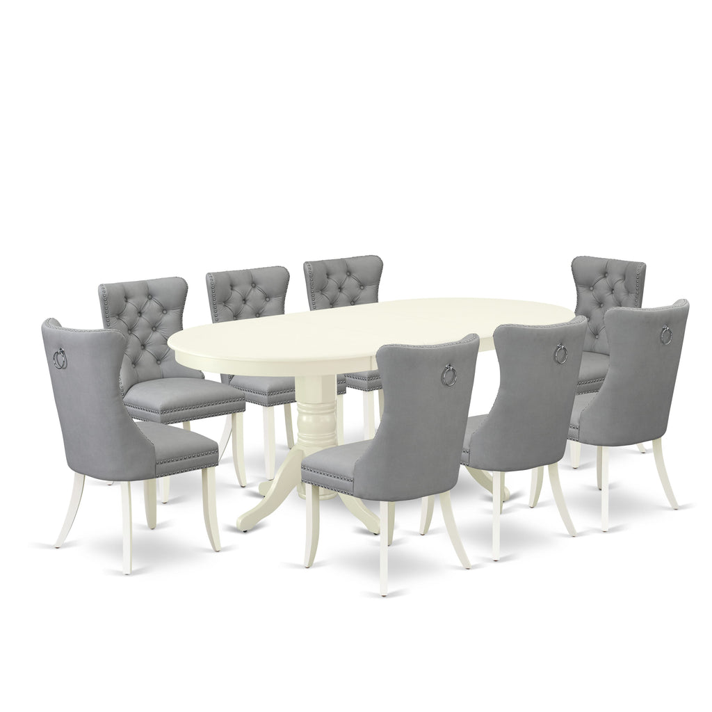East West Furniture VADA9-LWH-27 9 Piece Dining Set Includes an Oval Wooden Table with Removable leaf and 8 Upholstered Parson Chairs, 40x76 Inch, linen white