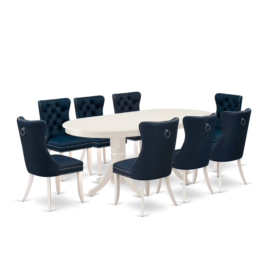 East West Furniture VADA9-LWH-29 9 Piece Kitchen Table Set Includes an Oval Dining Table with Removable leaf and 8 Padded Chairs, 40x76 Inch, linen white