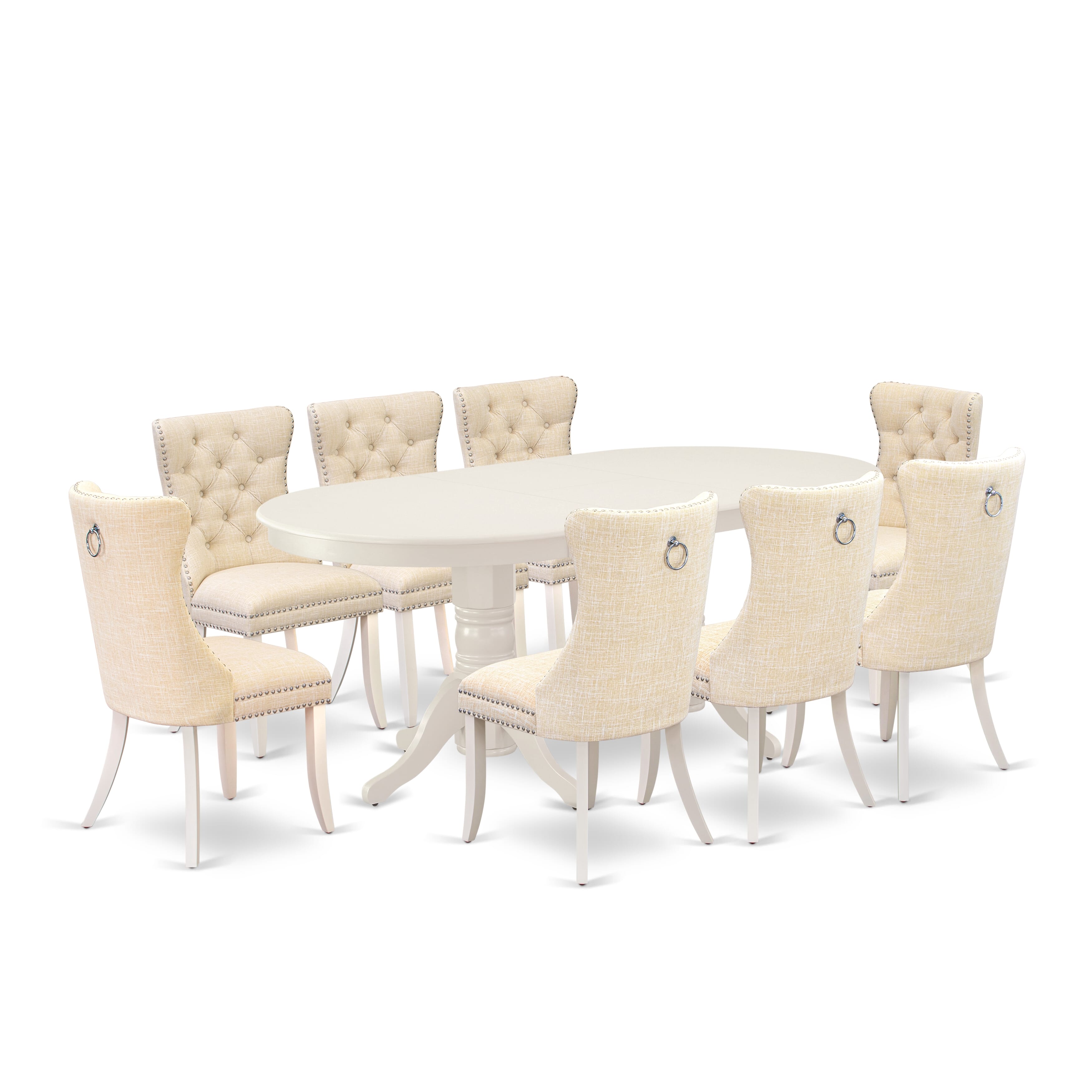 East West Furniture VADA9-LWH-32 9 Piece Kitchen Table Set Includes an Oval Dining Table with Removable leaf and 8 Upholstered Chairs, 40x76 Inch, linen white
