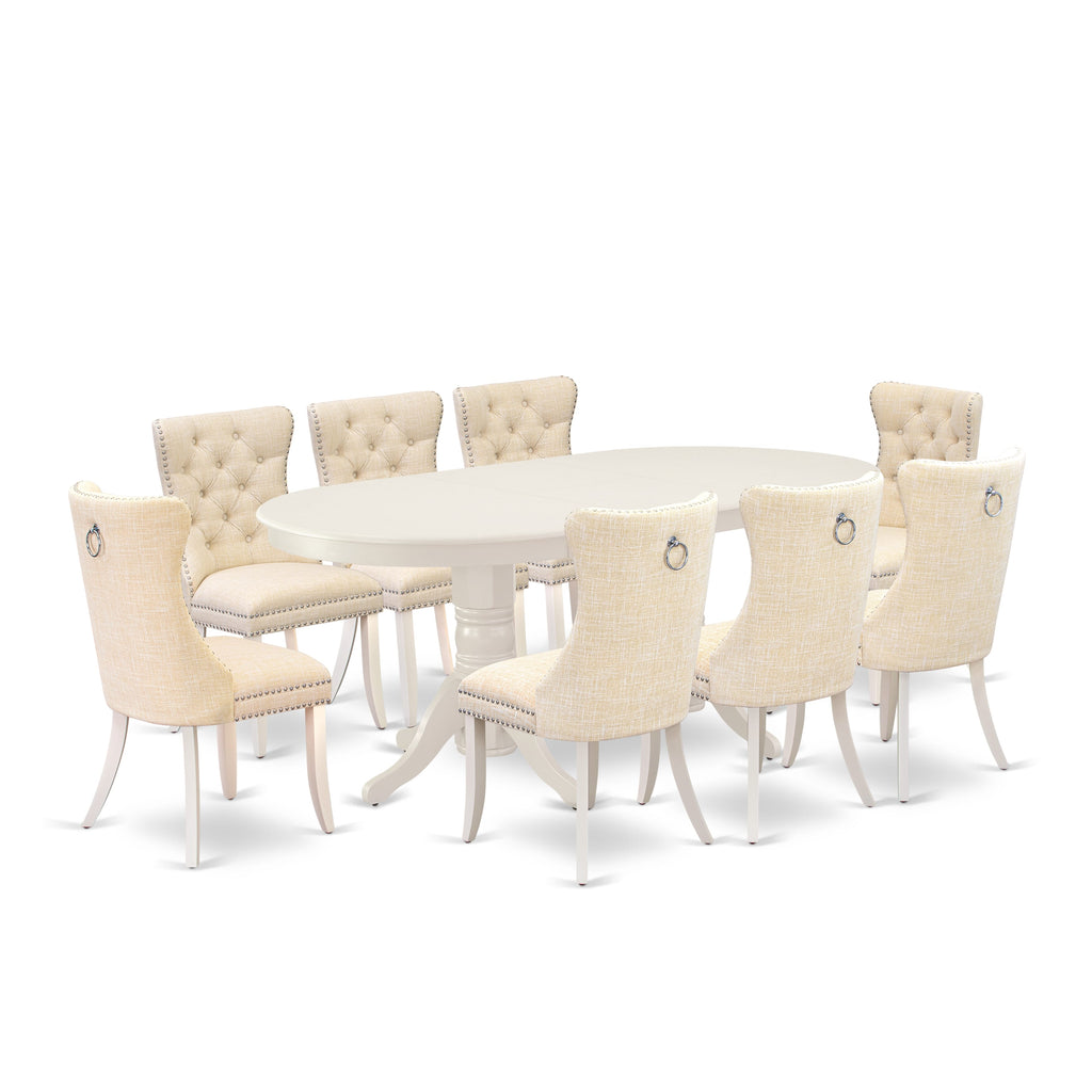 East West Furniture VADA9-LWH-32 9 Piece Kitchen Table Set Includes an Oval Dining Table with Removable leaf and 8 Upholstered Chairs, 40x76 Inch, linen white