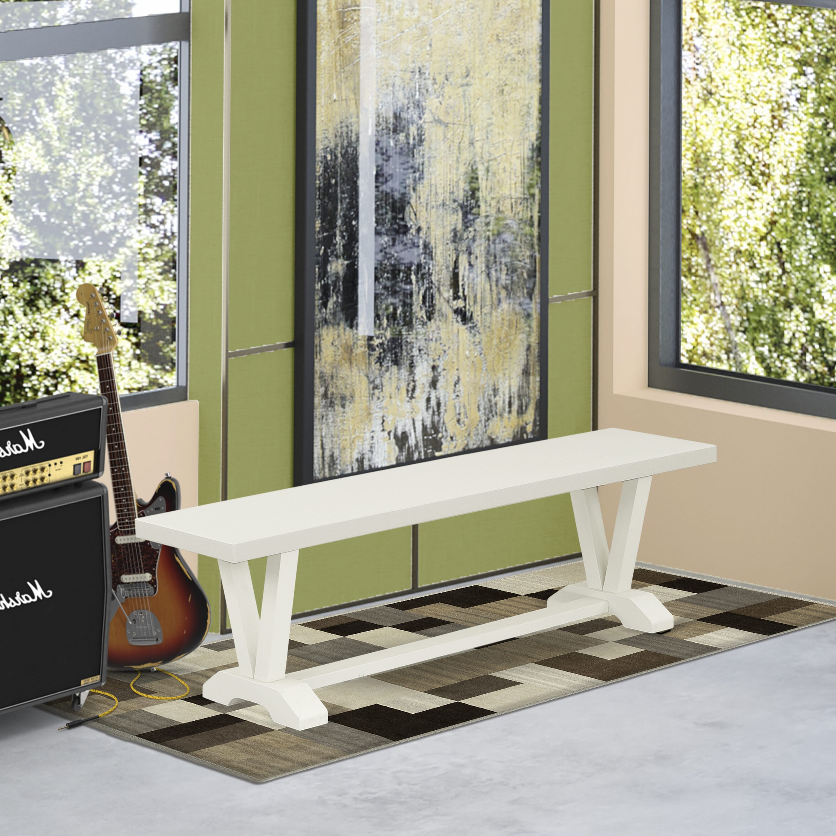 East West Furniture V026SI215-6 6-Piece Modern Dining Table Set- 4 Baby Blue Linen Fabric Dining Chairs with Button Tufted Back - Kitchen Table and 1 Dining Bench (linen white Finish)