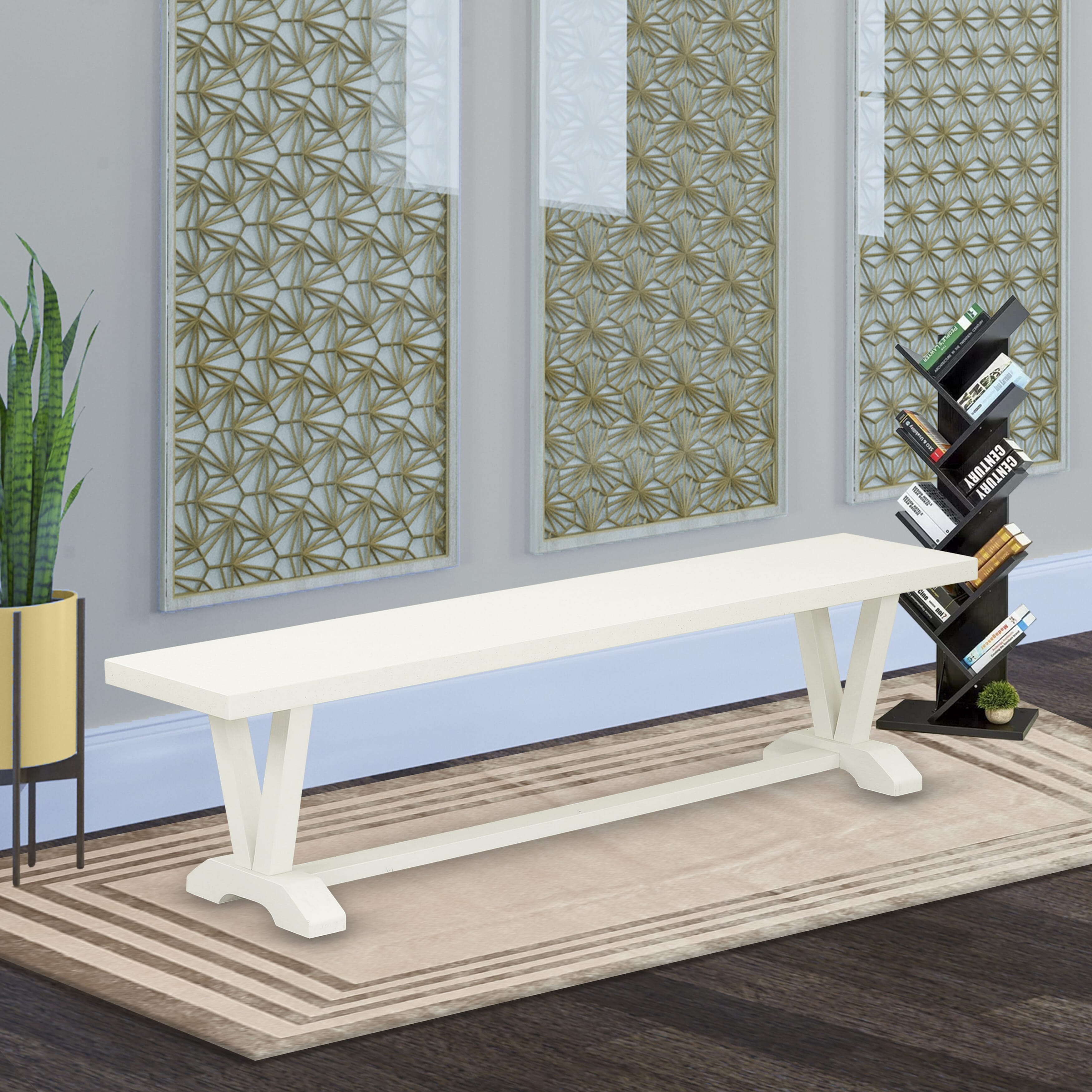 Juego de mesa de comedor de 6 piezas East West Furniture V027BR202-6. Contiene una mesa de comedor rectangular y 4 sillas Parson de tela de lino beige claro con un banco.