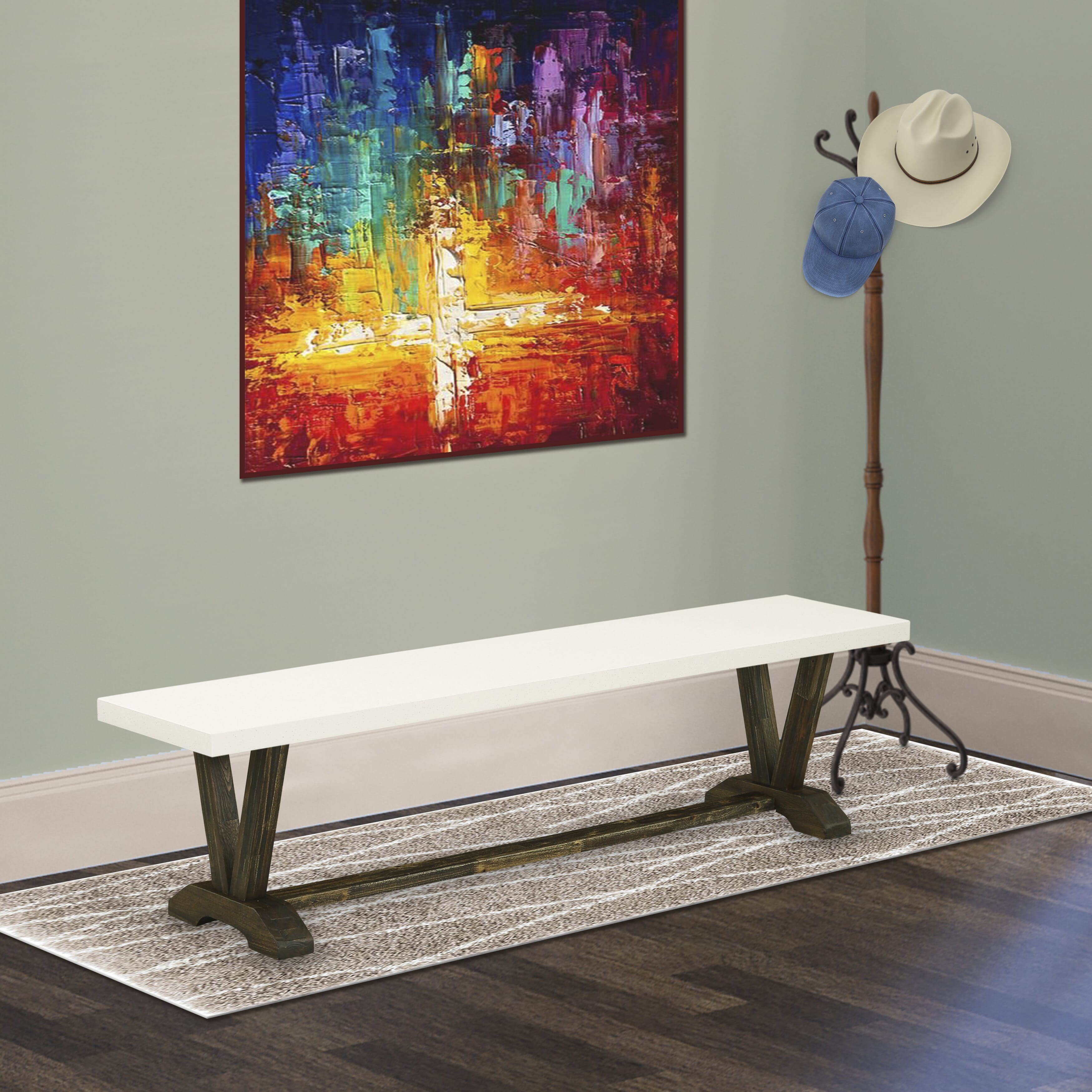 East West Furniture V727VE721-6 6 Piece Dining Room Set - 4 Blue Linen Fabric Dining Room Chairs with Nailheads and linen white Dining Room Table - 1 Mid Century Bench - Distressed Jacobean Finish