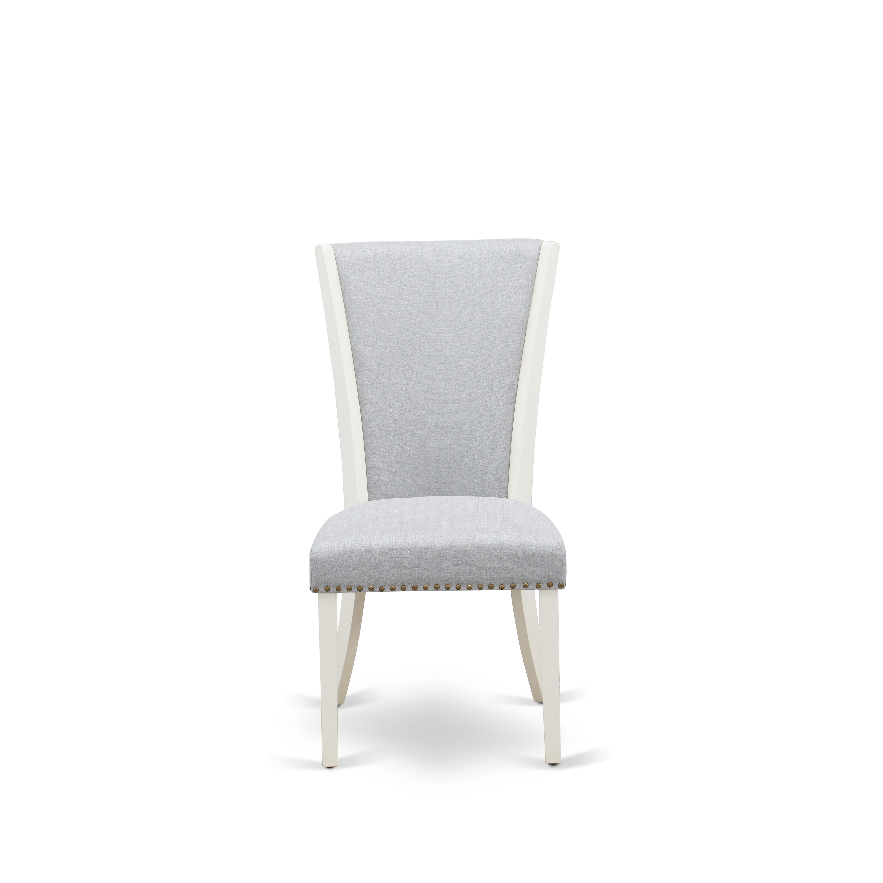 East West Furniture X027VE005-6 6 Piece Table Set - linen white Wooden Dining Table, 1 Wooden Bench and 4 Grey Linen Fabric Parson Chairs with Nailheads - Wire Brushed linen white Finish