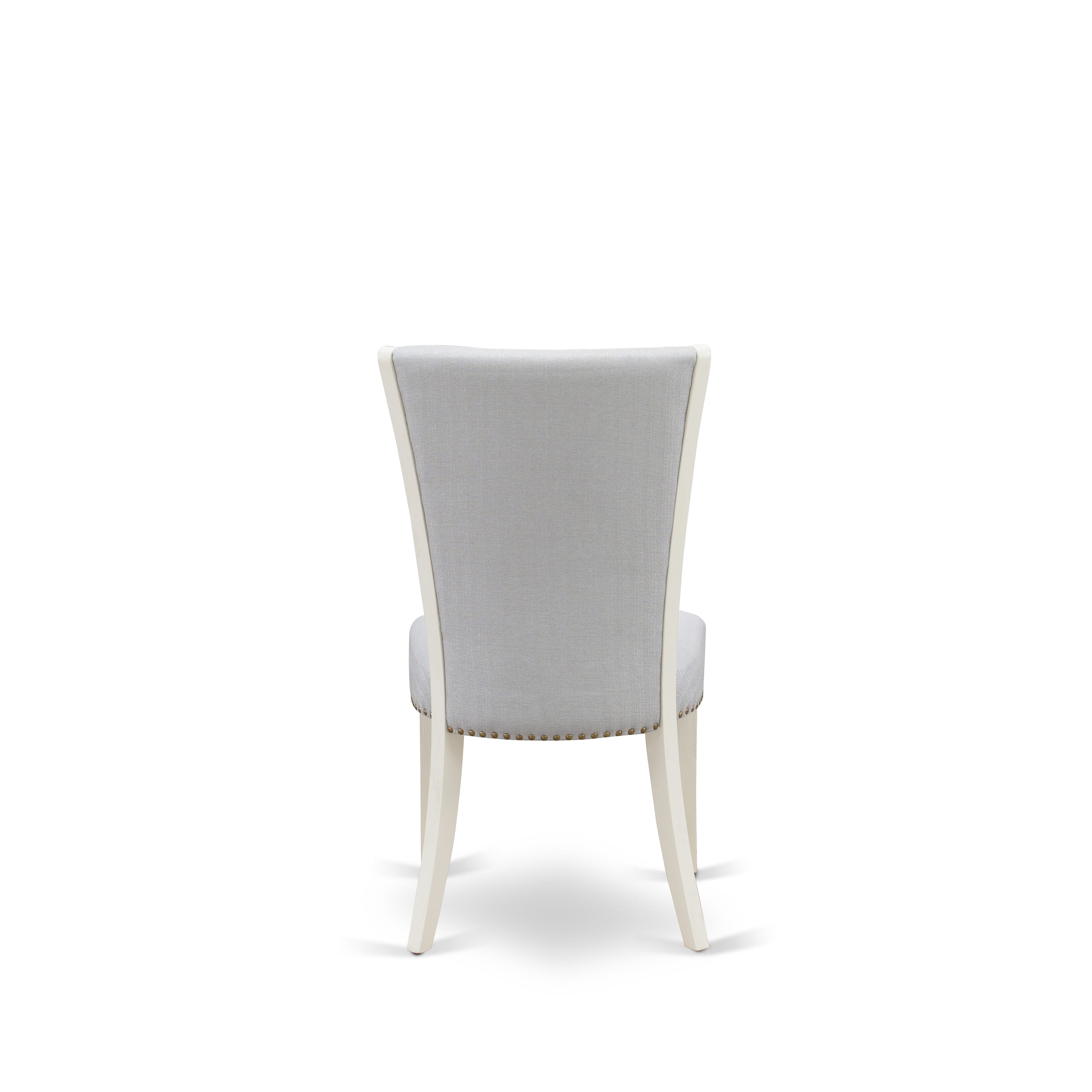 Juego de comedor East West Furniture V027VE005-7 de 7 piezas compuesto por una mesa de comedor rectangular con patas en V y 6 sillas Parson tapizadas en tela de lino gris.