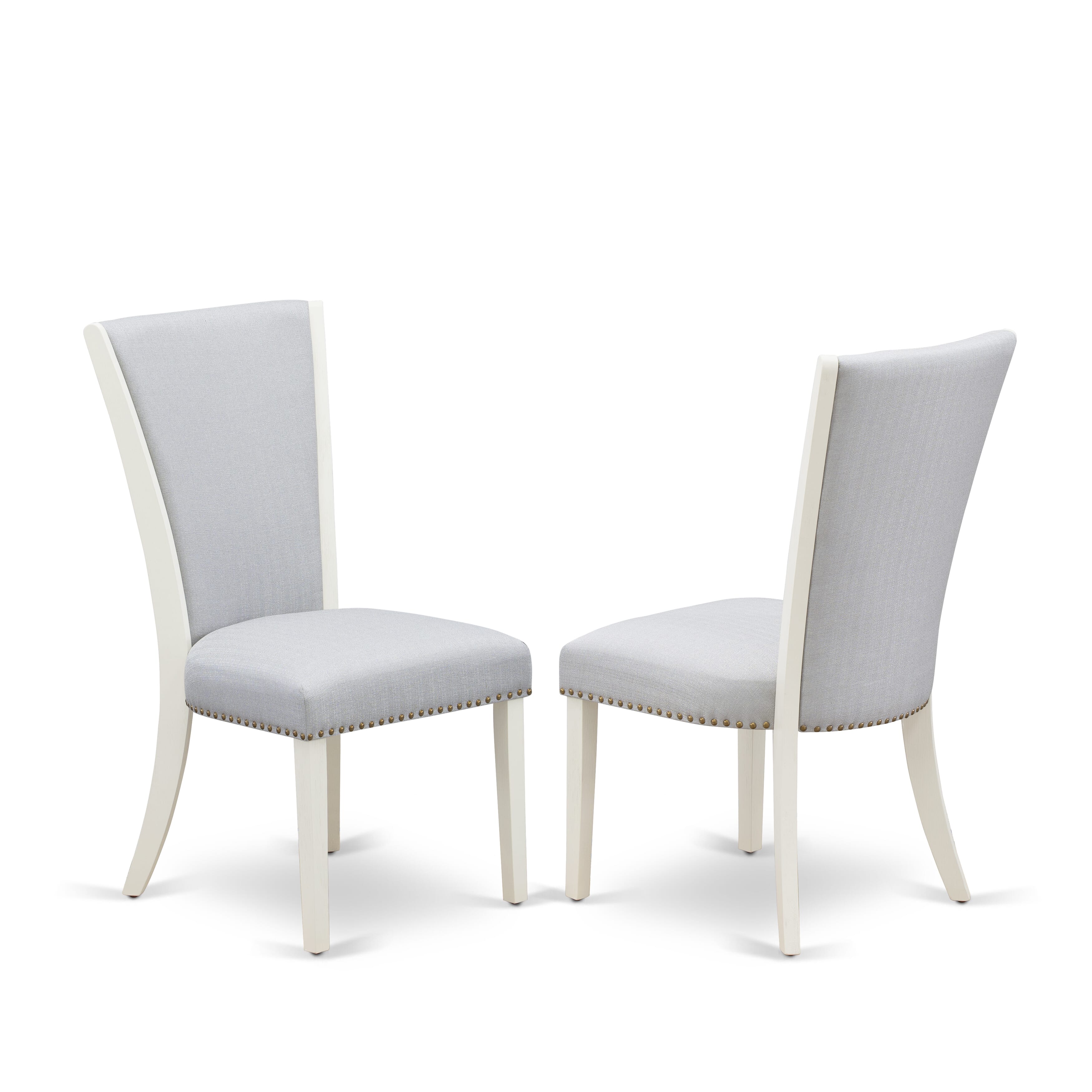 East West Furniture X027VE005-6 6 Piece Table Set - linen white Wooden Dining Table, 1 Wooden Bench and 4 Grey Linen Fabric Parson Chairs with Nailheads - Wire Brushed linen white Finish