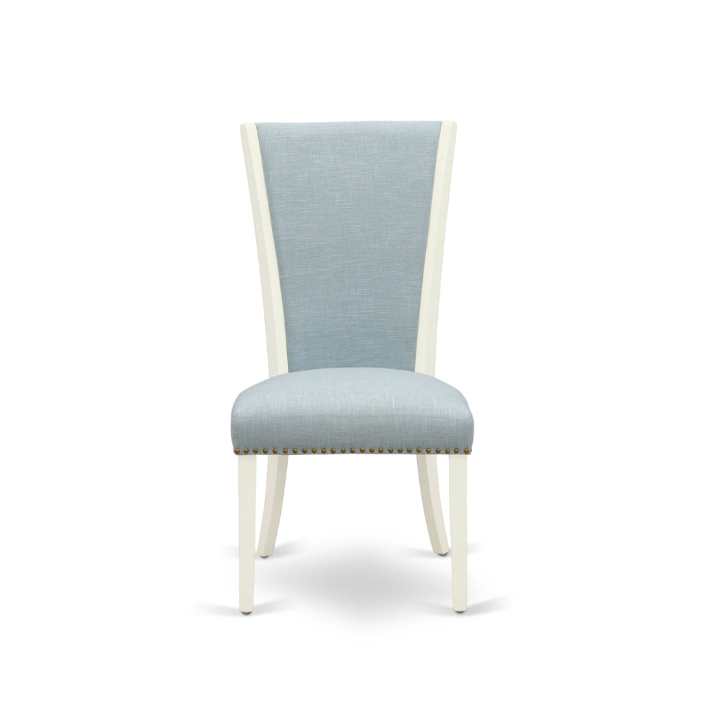 Juego de comedor de 6 piezas East West Furniture V026VE215-6. Contiene una mesa de comedor rectangular con patas en V y 4 sillas Parson de tela de lino azul bebé con un banco.