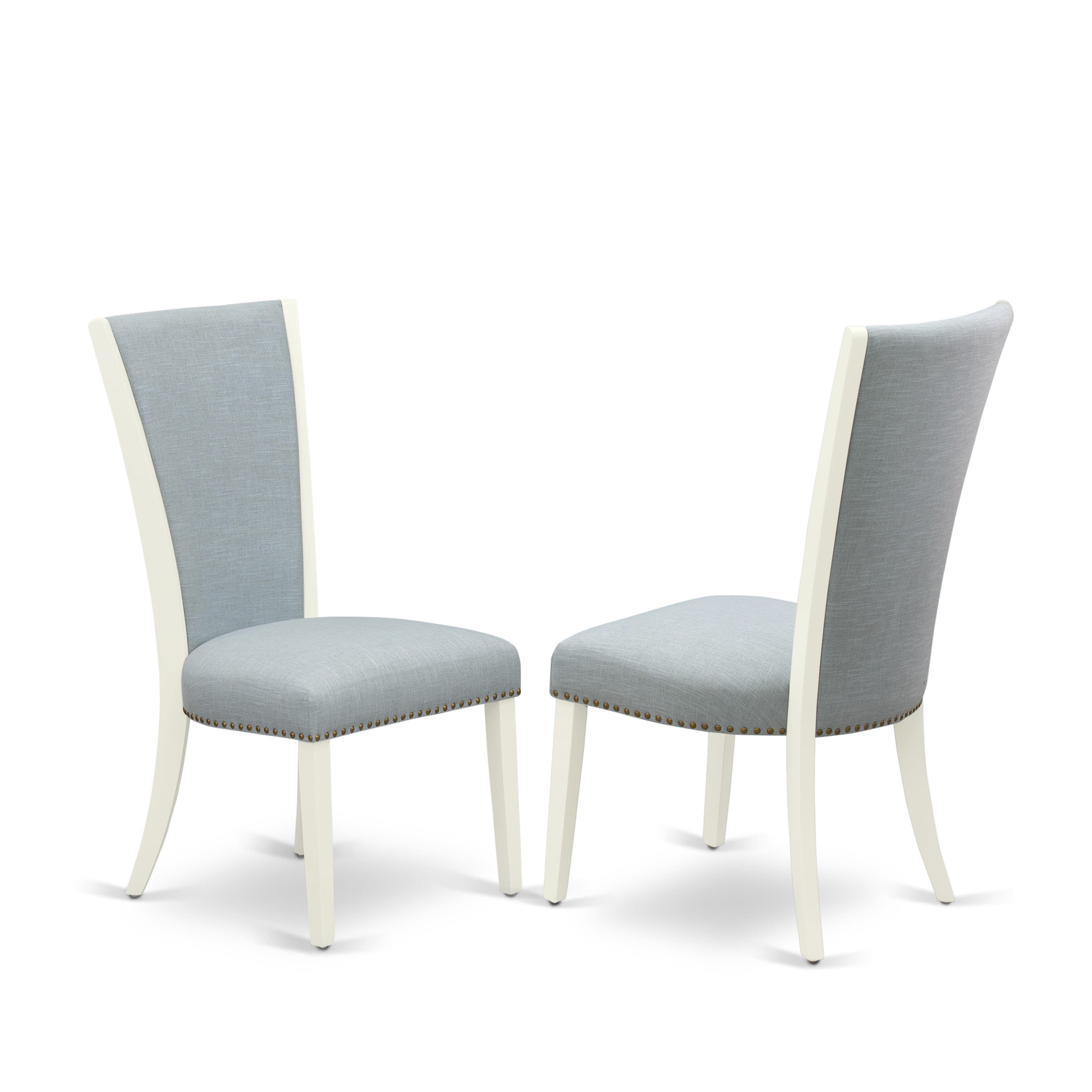 Juego de comedor East West Furniture X096VE215-5 de 5 piezas: 4 sillas Parson de tela de lino azul claro con tachuelas y mesa de comedor de madera de cemento, acabado blanco lino.