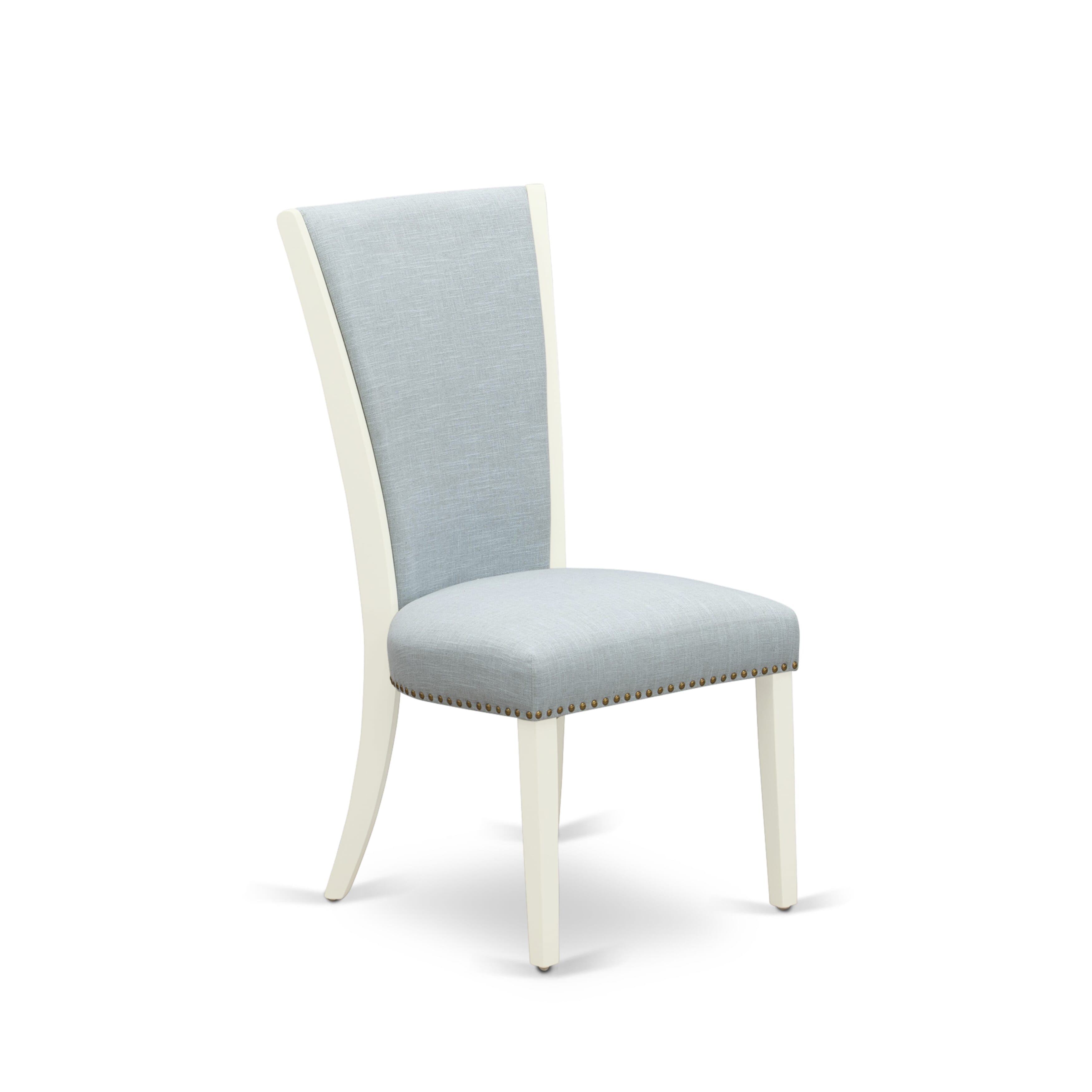 Juego de comedor de 6 piezas East West Furniture V026VE215-6. Contiene una mesa de comedor rectangular con patas en V y 4 sillas Parson de tela de lino azul bebé con un banco.