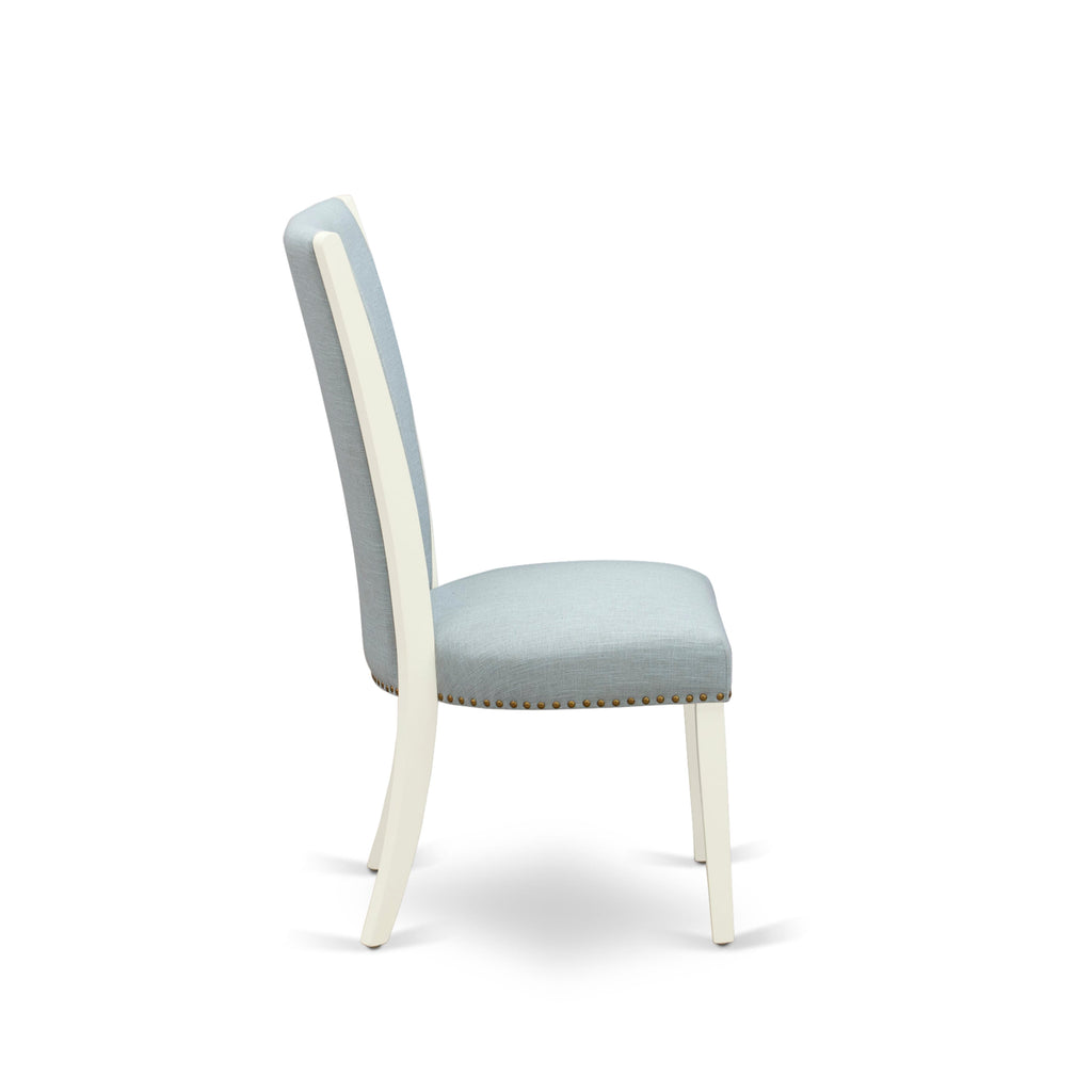 Juego de comedor de 6 piezas East West Furniture V026VE215-6. Contiene una mesa de comedor rectangular con patas en V y 4 sillas Parson de tela de lino azul bebé con un banco.