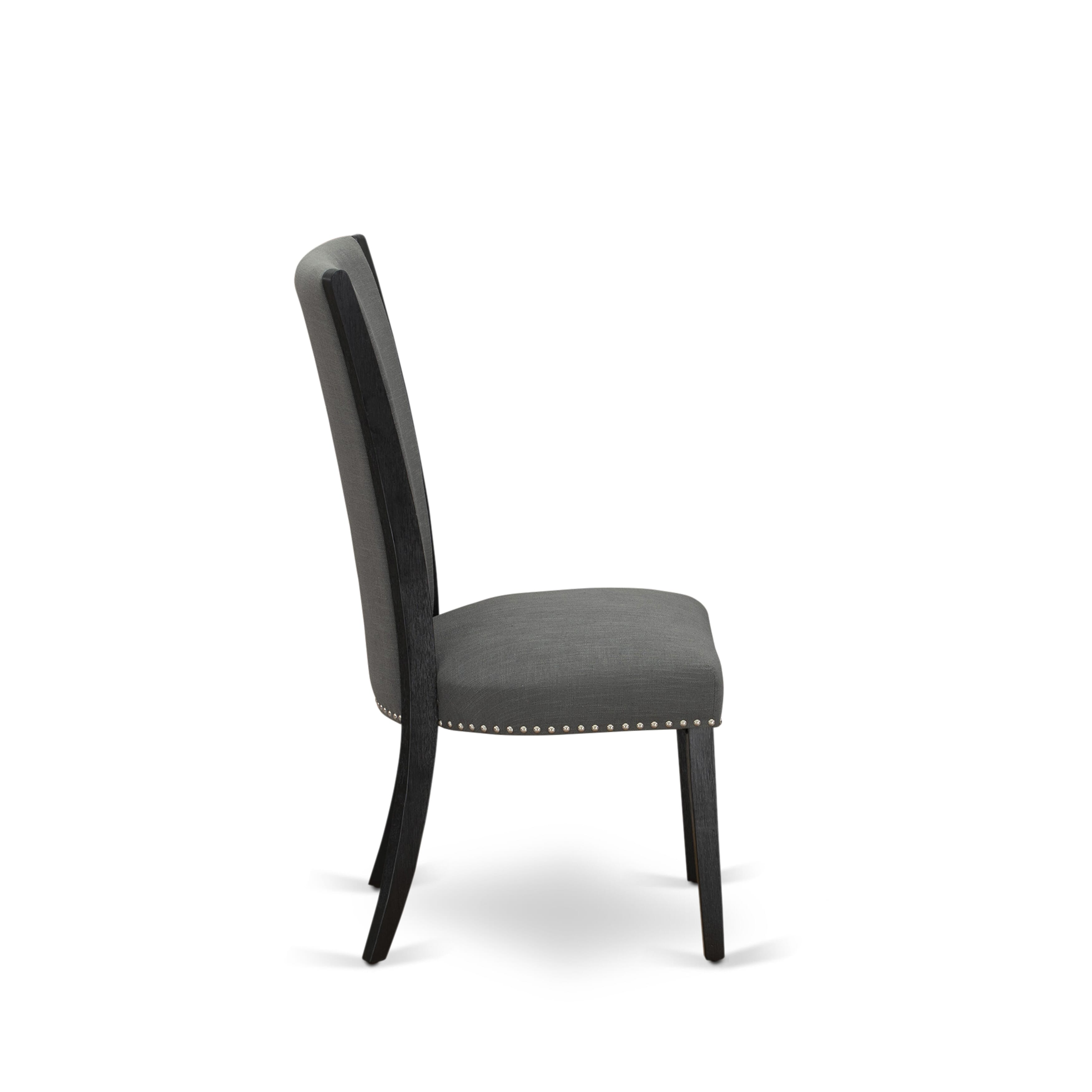 East West Furniture X627VE650-7 7 Pc Modern Dining Set Consists of a linen white Wooden Dining Table and 6 Dark Gotham Grey Linen Fabric Upholstered Chairs with High Back - Wire Brushed Black Finish
