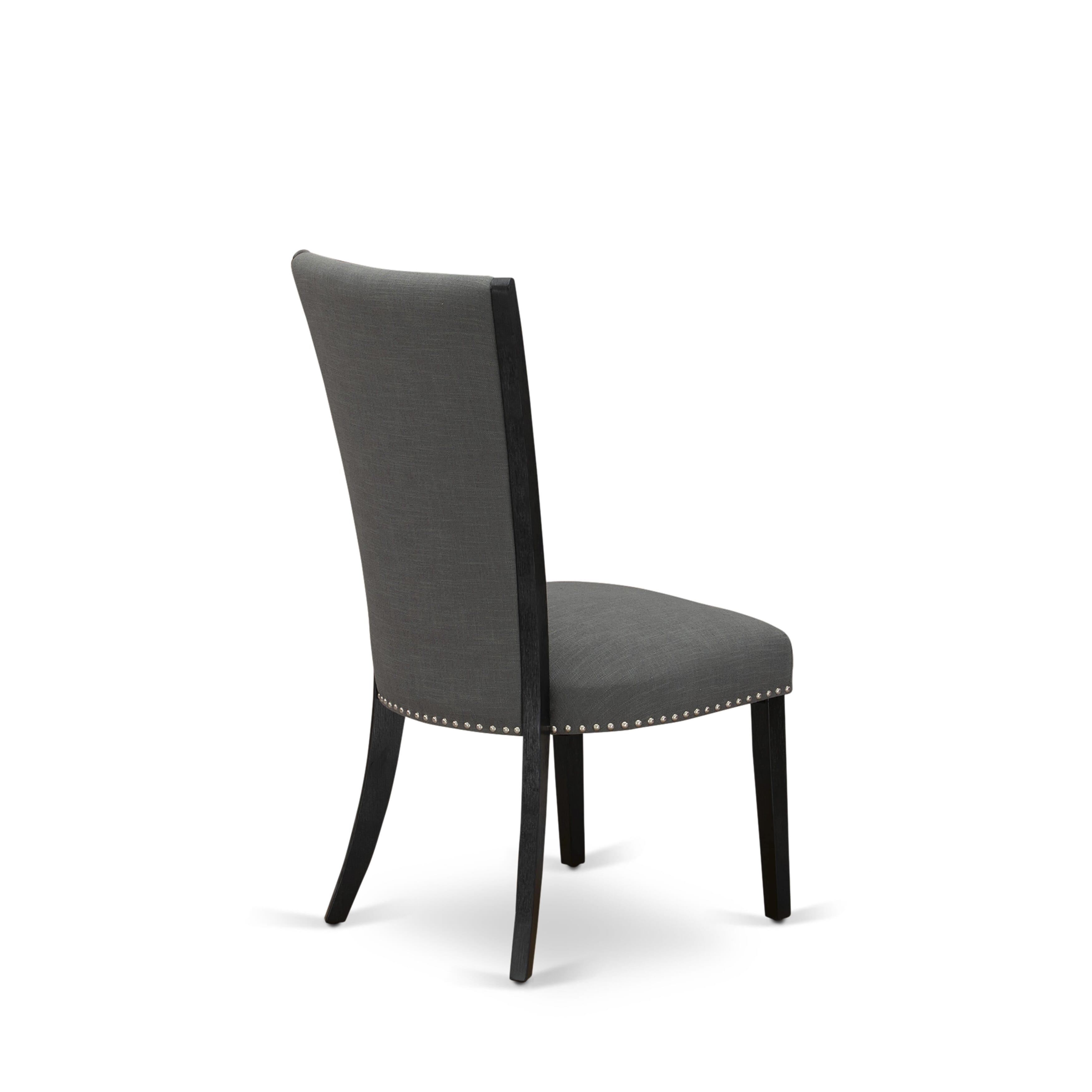 East West Furniture X627VE650-7 7 Pc Modern Dining Set Consists of a linen white Wooden Dining Table and 6 Dark Gotham Grey Linen Fabric Upholstered Chairs with High Back - Wire Brushed Black Finish
