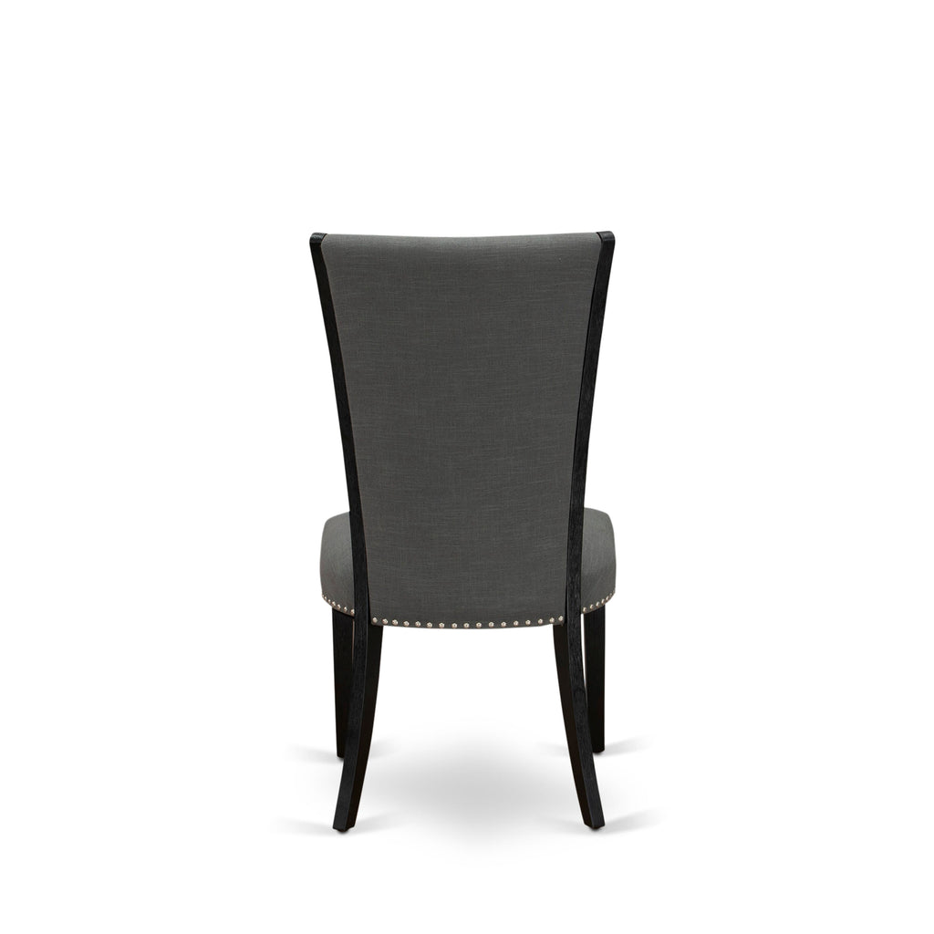 Juego de comedor de 6 piezas East West Furniture X626VE650-6. Contiene una mesa de comedor rectangular con patas en forma de X y 4 sillas Parson de tela de lino Gotham oscuro con un banco.