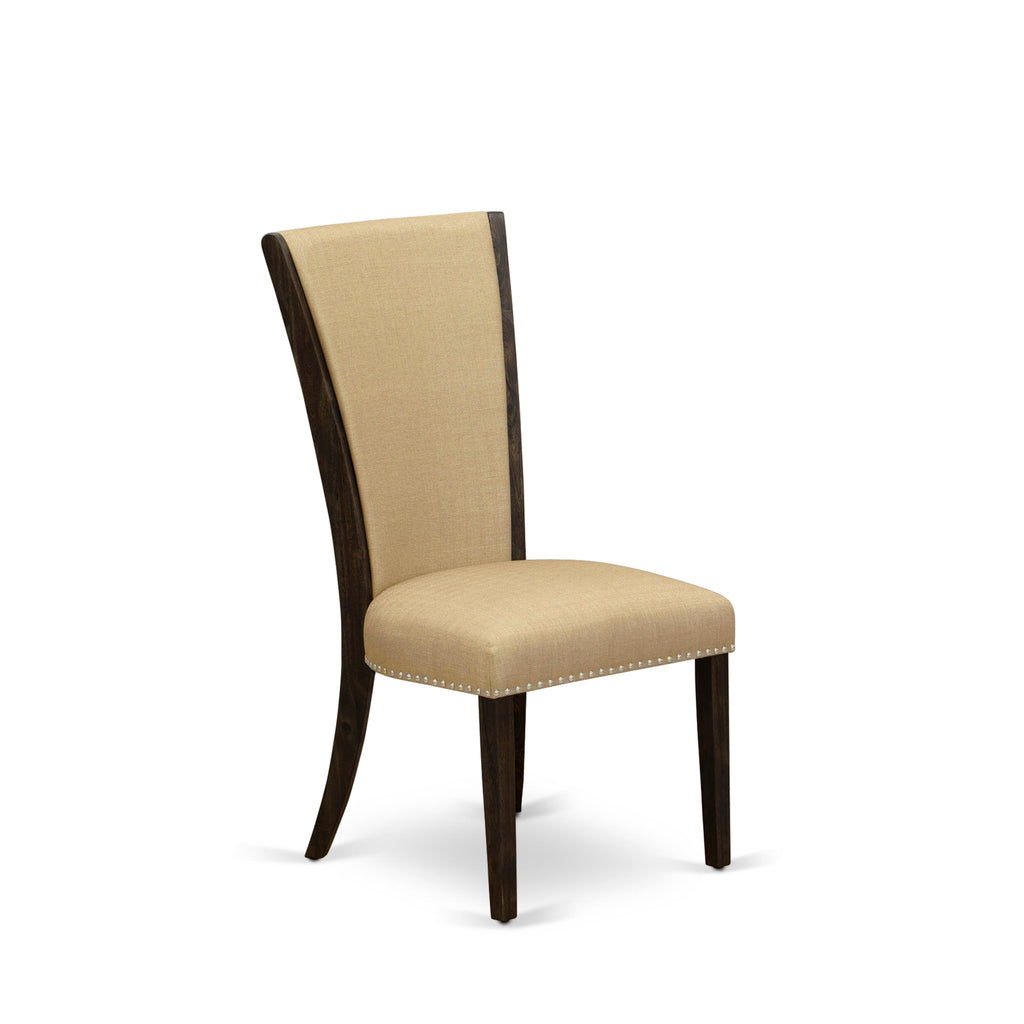 Juego de mesa de comedor de 6 piezas East West Furniture X727VE703-6. Contiene una mesa de cocina rectangular con patas en forma de X y 4 sillas Parson de tela de lino marrón con un banco.