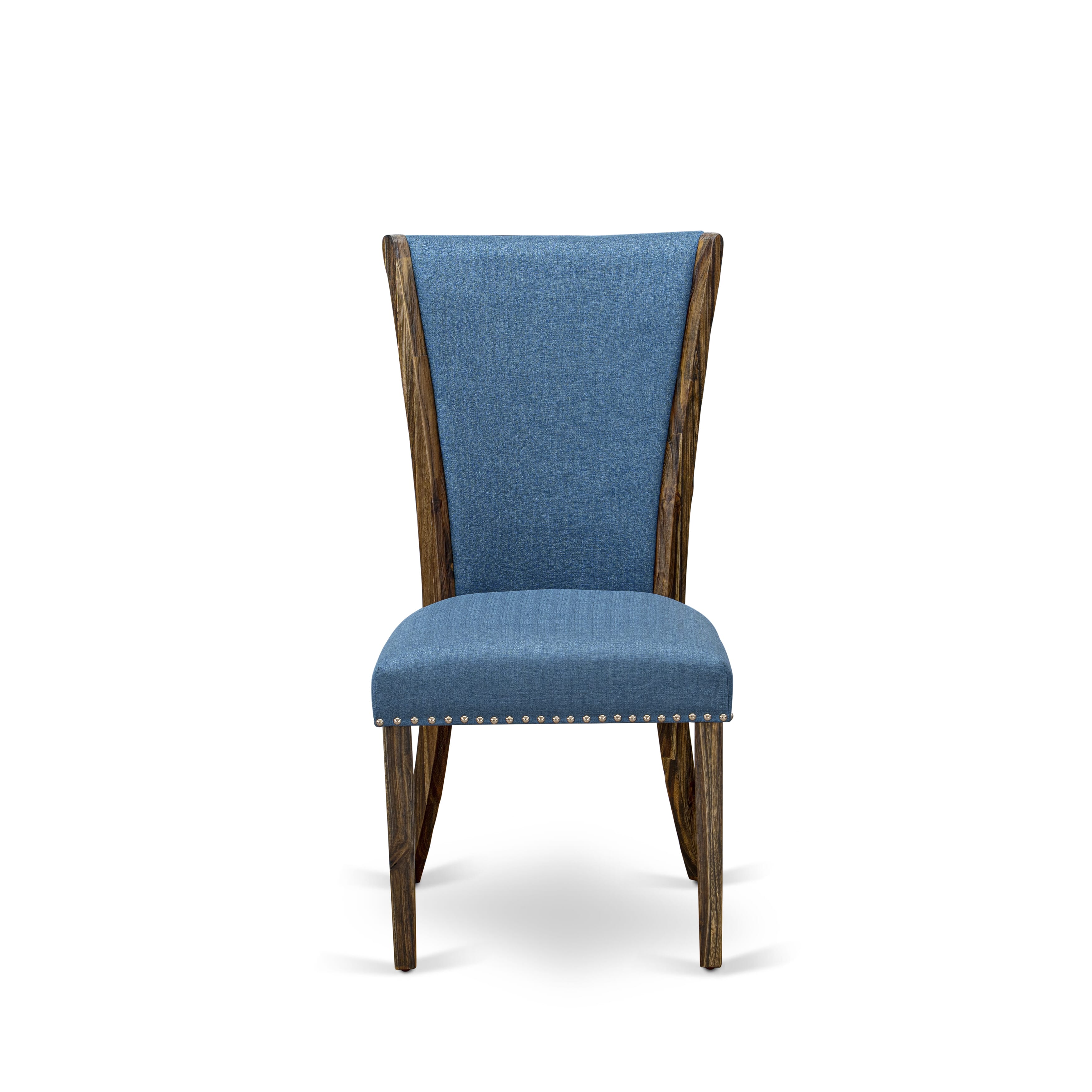 East West Furniture V727VE721-9 9Pc Wood Dining Table Set Consists of a Rectangle Table and 8 Parsons Dining Chairs with Blue Color Linen Fabric, Distressed Jacobean and Linen White Finish