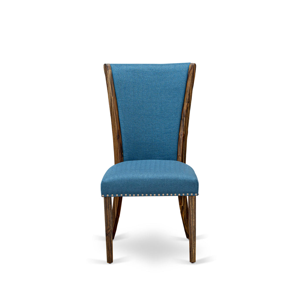 Juego de mesa de comedor de 7 piezas East West Furniture X727VE721-7 compuesto por una mesa de comedor rectangular con patas en forma de X y 6 sillas tapizadas en tela de lino azul.