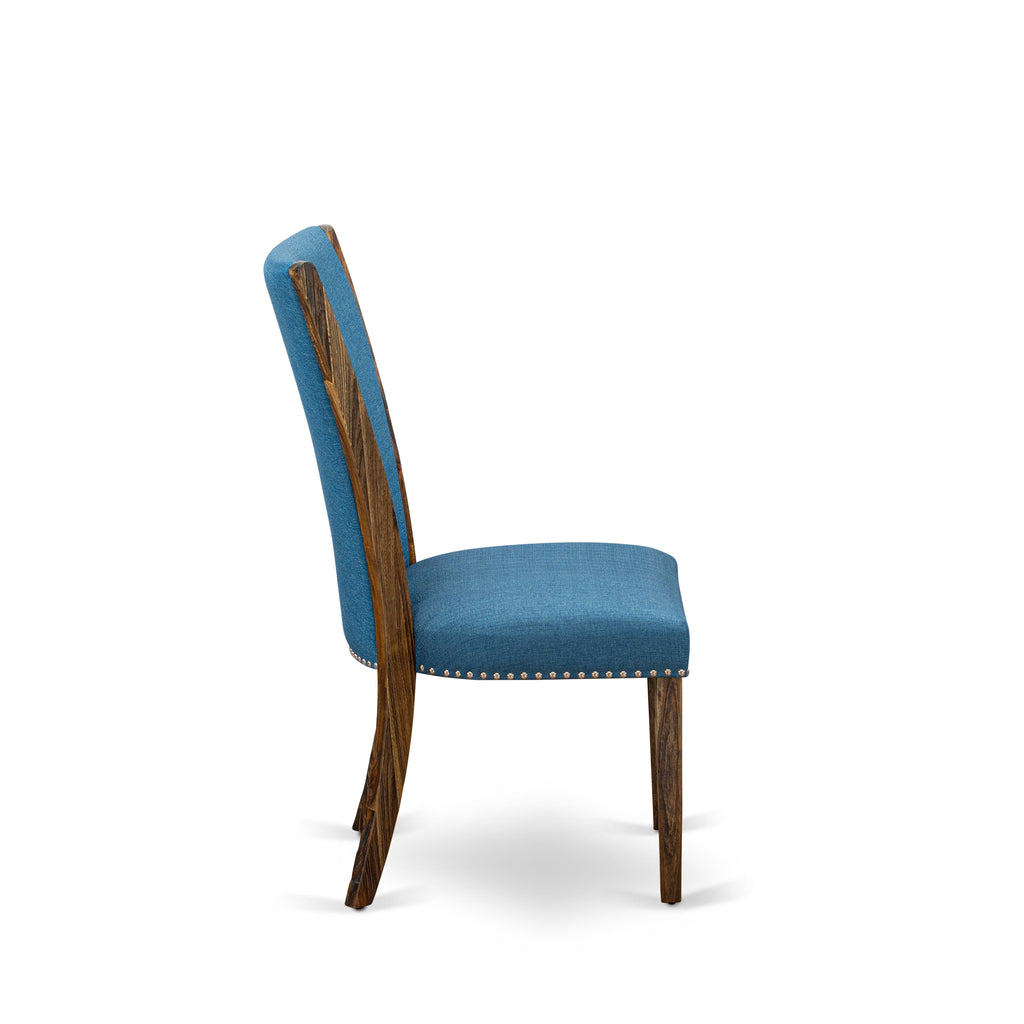 Juego de mesa de comedor moderna de 5 piezas East West Furniture X727VE721-5. Incluye una mesa rectangular de madera con patas en forma de X y 4 sillas tapizadas en tela de lino de color azul.