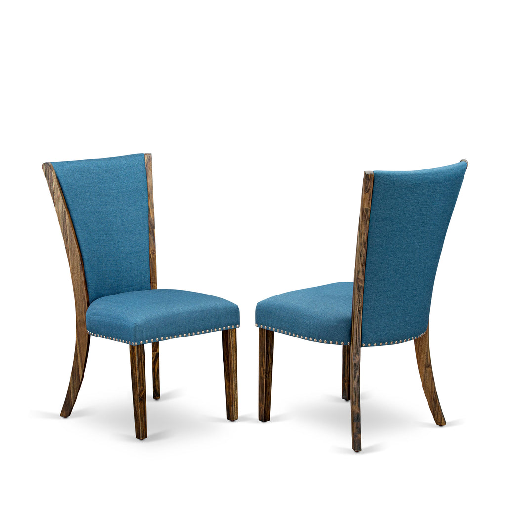Juego de mesa de comedor moderna de 5 piezas East West Furniture X727VE721-5. Incluye una mesa rectangular de madera con patas en forma de X y 4 sillas tapizadas en tela de lino de color azul.