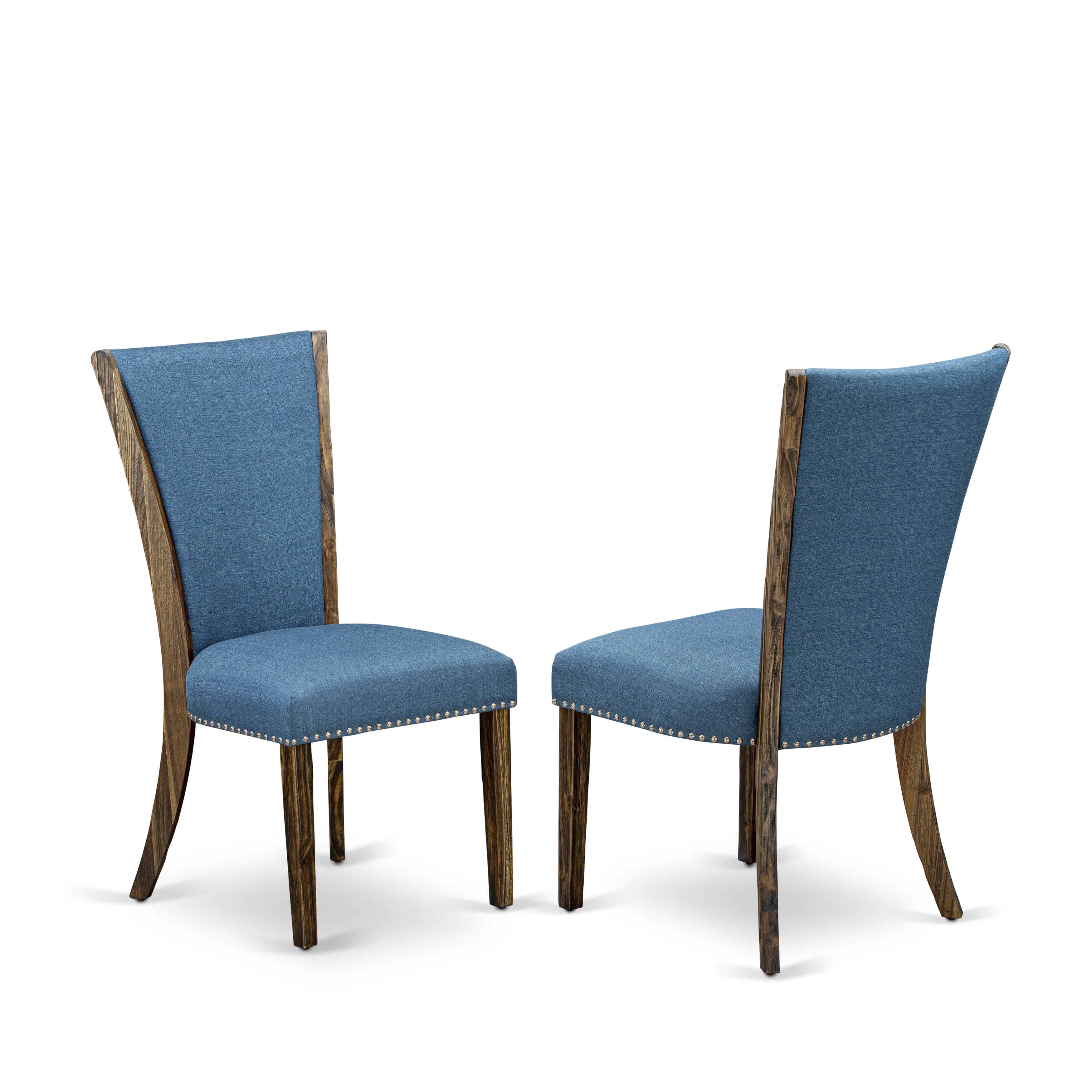 East West Furniture X726VE721-6 6 Piece Table Set - 4 Blue Linen Fabric Comfortable Chair with Nailheads and linen white Modern Dining Table - 1 Wooden Bench - Distressed Jacobean Finish