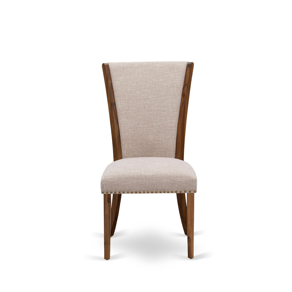 Luxe by East West Furniture I8VE7-40N-04 7 Piece Dining Set Consists of a 48" Round Table with Pedestal and 6 Light Tan Linen Fabric Upholstered Chairs, Antique Walnut