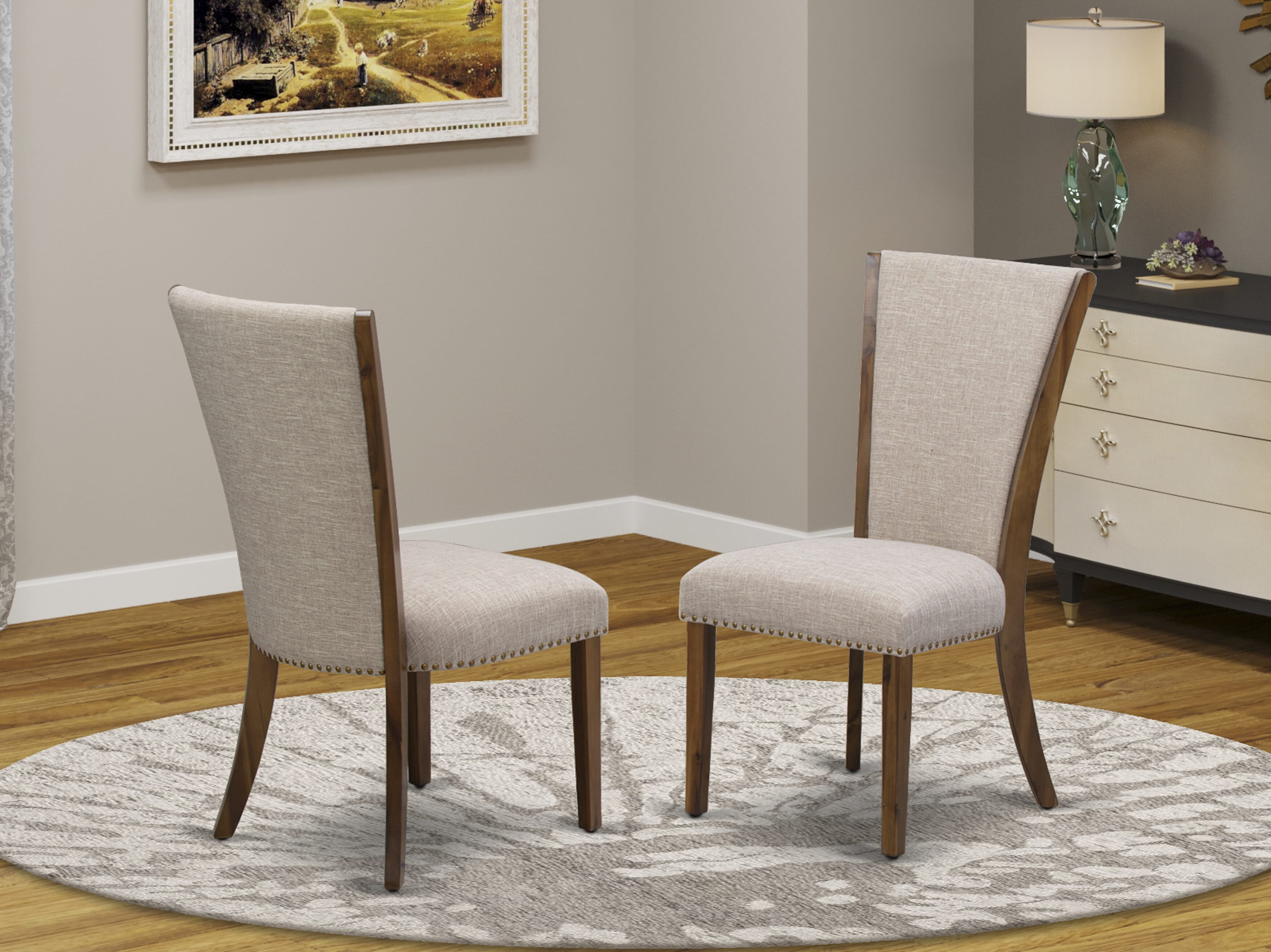 Luxe by East West Furniture NKVE9-AWA-04 9-piece Modern Dining Table Set includes a Kitchen Table and 8 Light Tan Linen Fabric Dining room Chairs with Button tufted Back - Antique Walnut Finish