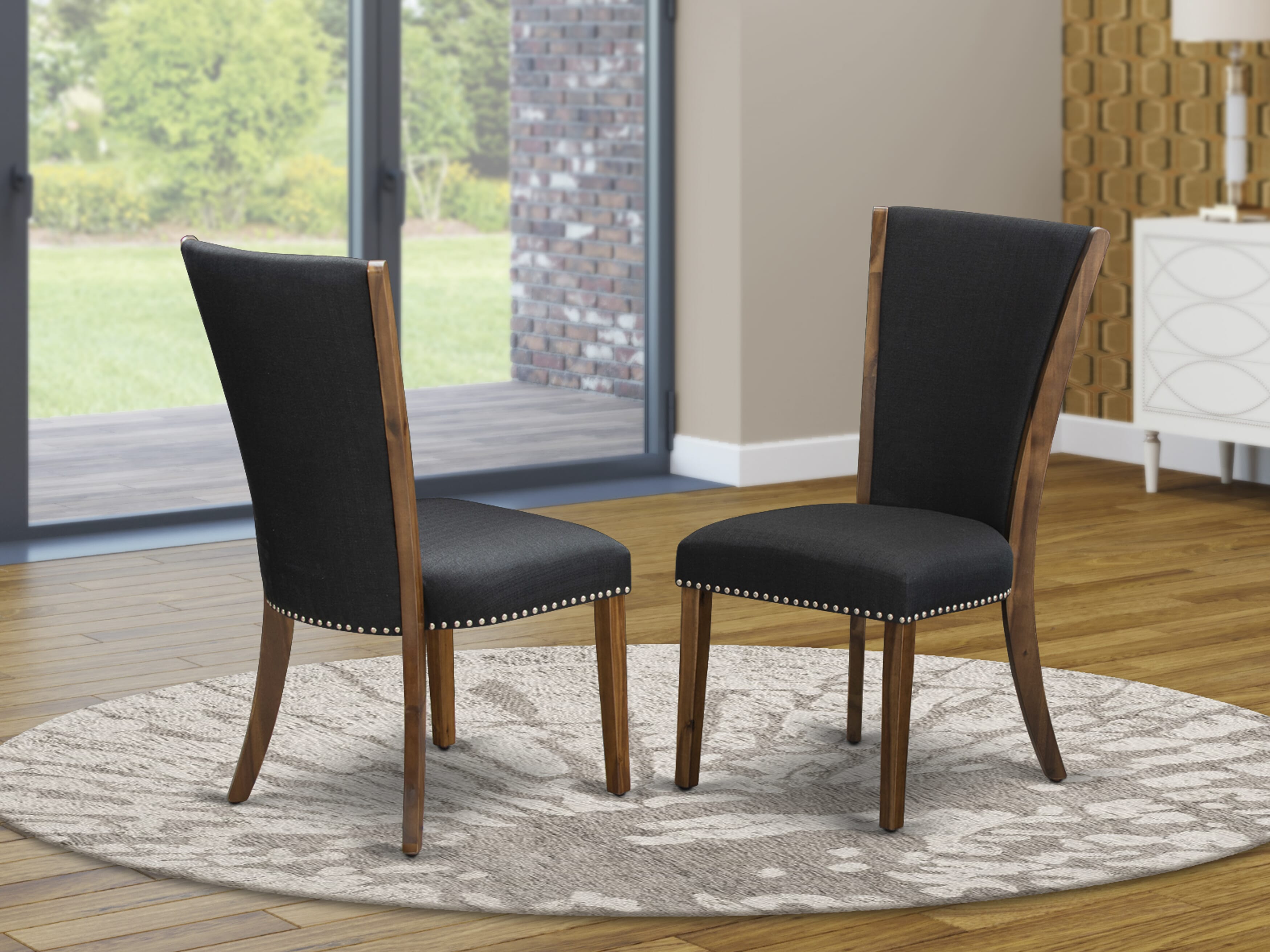 Luxe by East West Furniture F7VE7-40N-24 7 Piece Dining Table Set Includes a 48" Round Kitchen Table with Pedestal and 6 Black Linen Fabric Parson Chairs, Antique Walnut