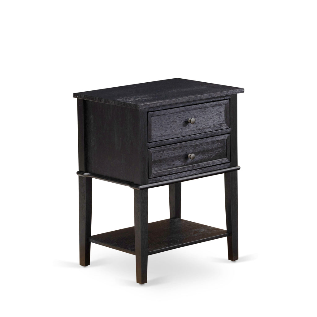 Juego de dormitorio de madera East West Furniture KD18K-1VL06 de 2 piezas: 1 cama con estructura de lino marrón, cabecero acolchado con botones, 1 mesita de noche con cajones de madera y patas con acabado negro.