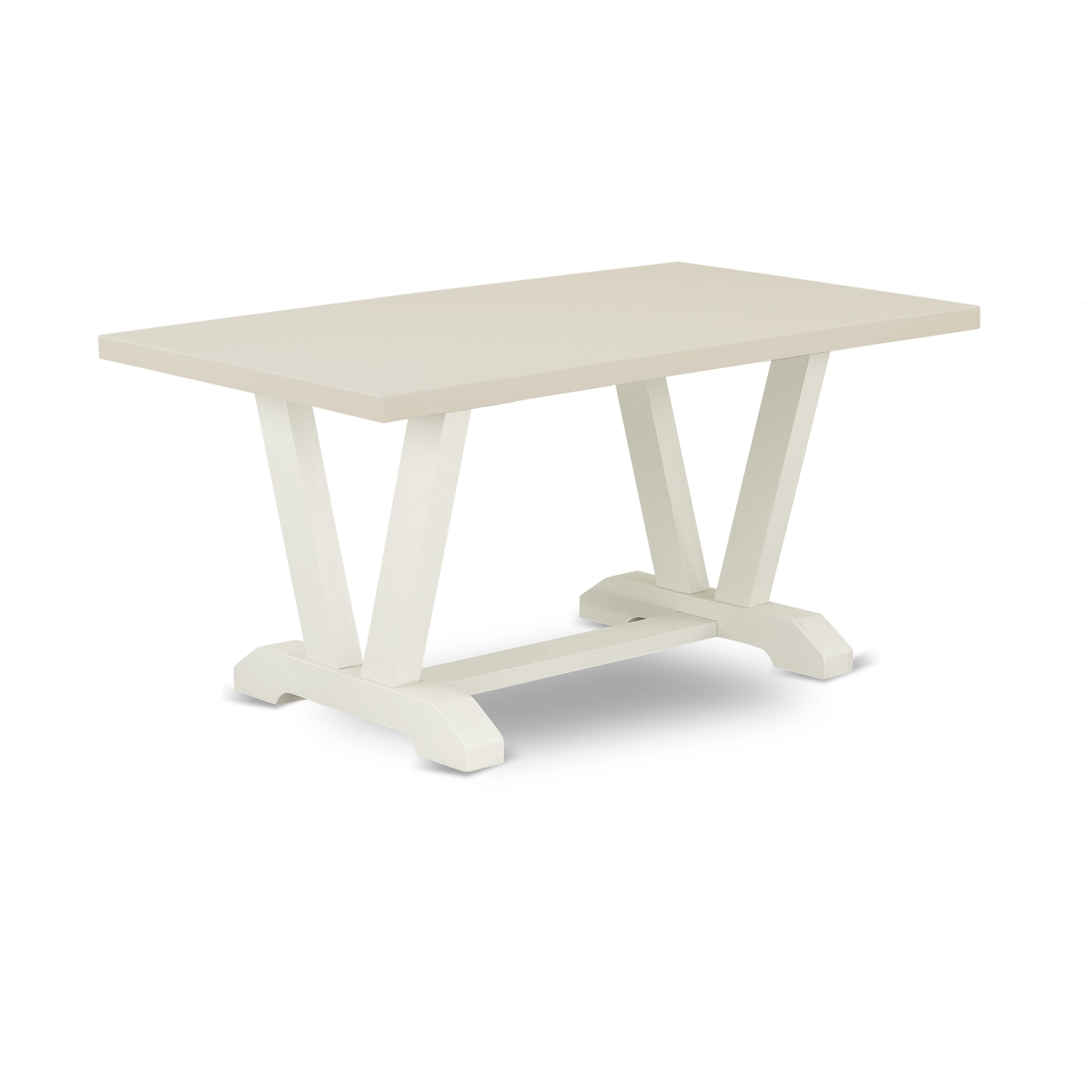 East West Furniture V026BR202-6 6-Pc dining table set-Light Beige Linen Fabric Seat and Button Tufted Chair Back Dining chairs, a Rectangular Bench and Rectangular top Mid Century Dining Table with Wood Legs - linen white and linen white Finish