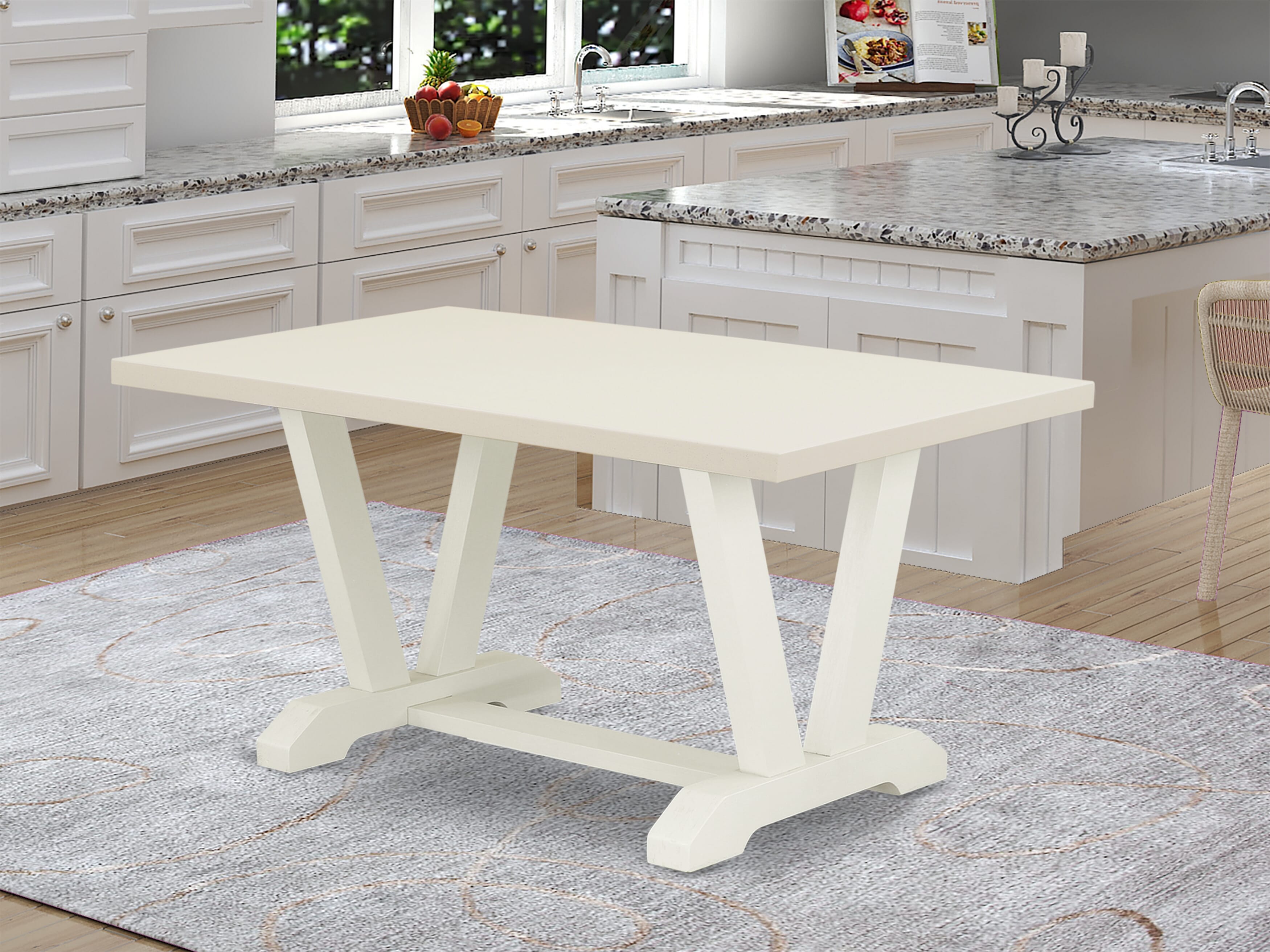 East West Furniture V026BR202-6 6-Pc dining table set-Light Beige Linen Fabric Seat and Button Tufted Chair Back Dining chairs, a Rectangular Bench and Rectangular top Mid Century Dining Table with Wood Legs - linen white and linen white Finish