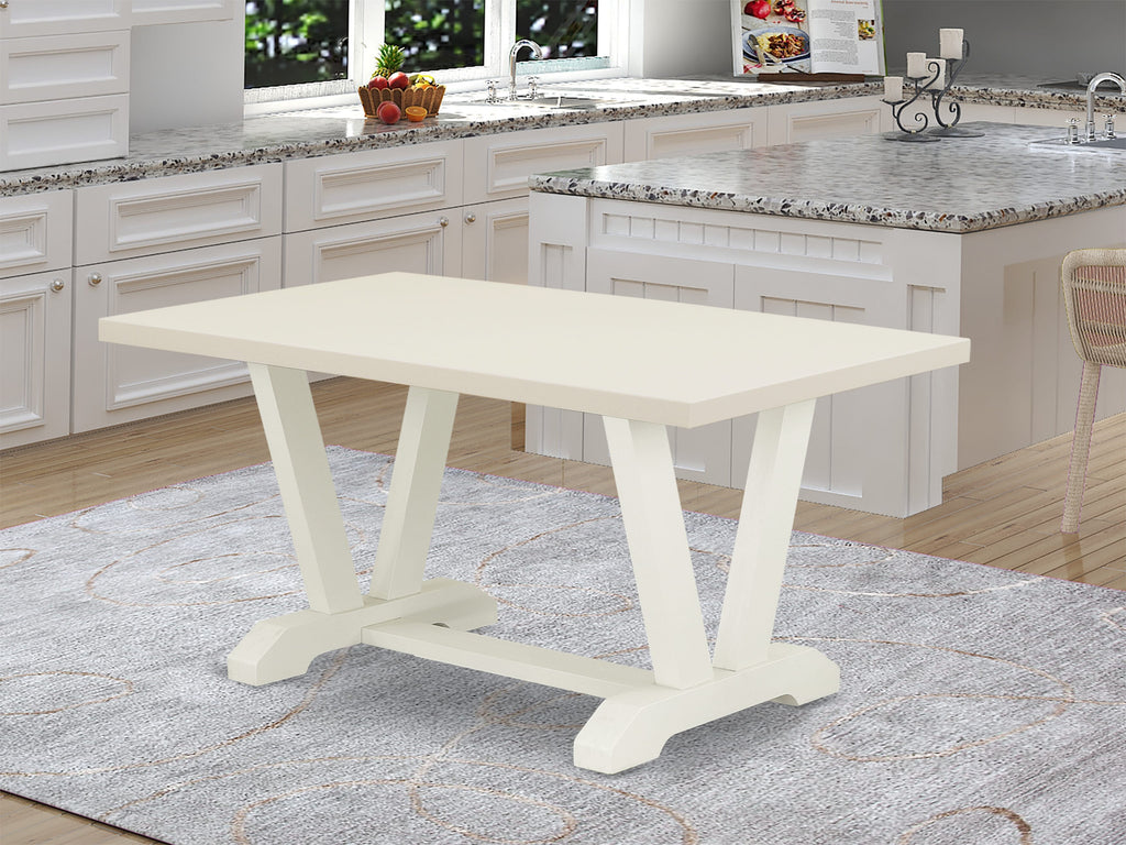 Juego de comedor de 6 piezas East West Furniture V026VE215-6. Contiene una mesa de comedor rectangular con patas en V y 4 sillas Parson de tela de lino azul bebé con un banco.