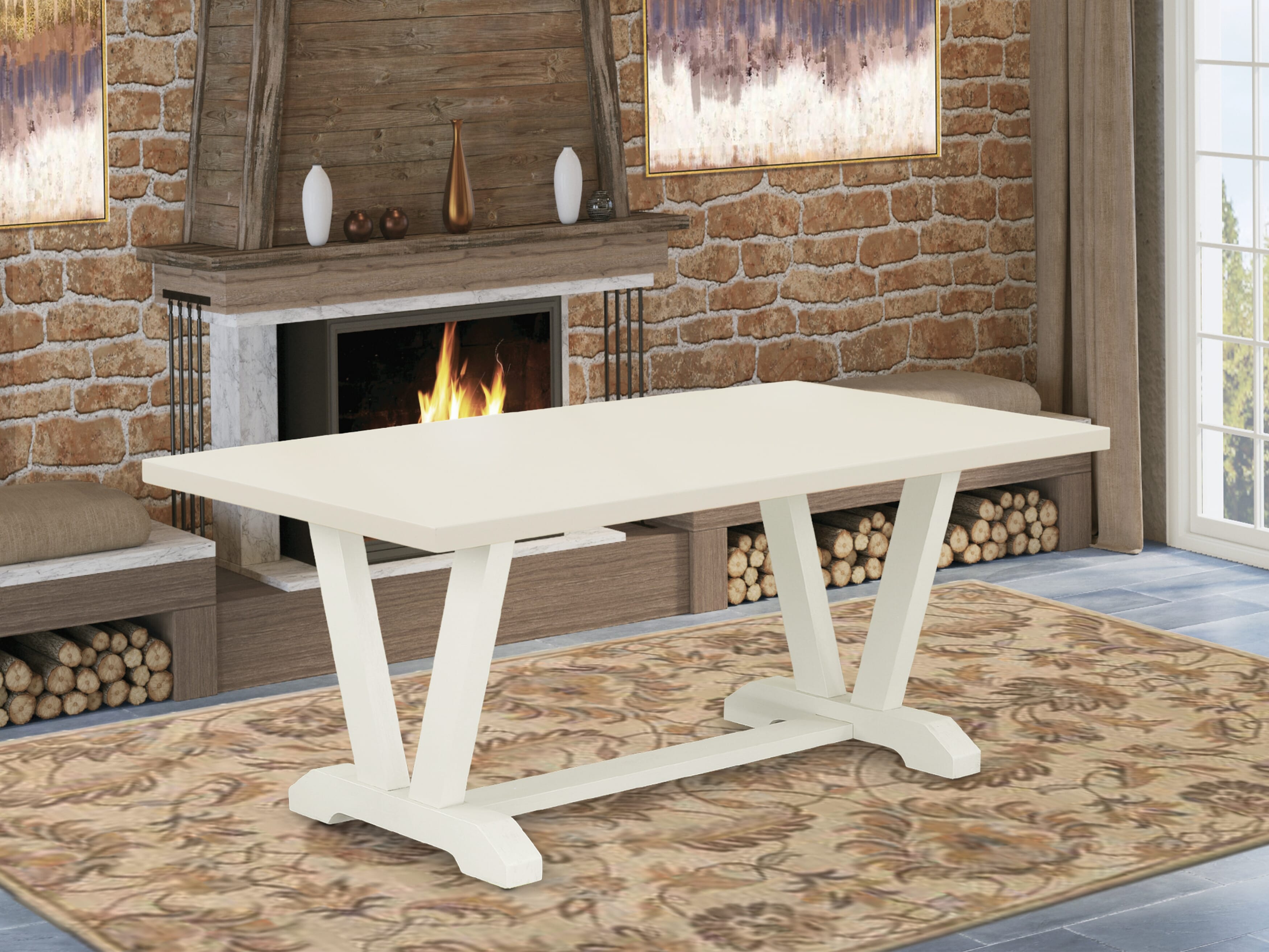 East West Furniture V027CE215-5 5-Pc Dining Table Set- 4 Dining Padded Chairs with Baby Blue Linen Fabric Seat and Button Tufted Chair Back - Rectangular Table - linen white Finish