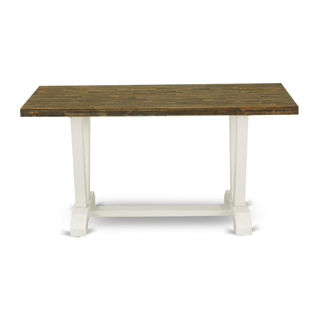 East West Furniture V076BR202-6 6-Piece Dining Table Set with Dining Table and Wood Bench - 4 Linen Fabric Parson dining room chairs (linen white Finish)