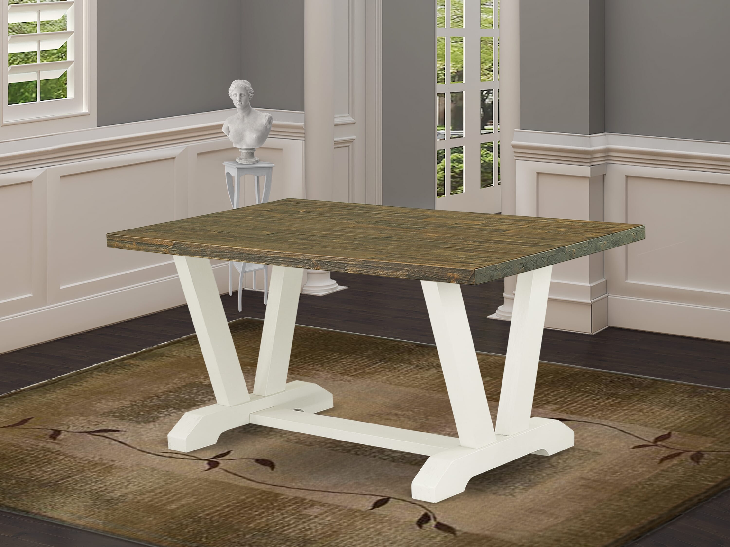 East West Furniture V076BR202-6 6-Piece Dining Table Set with Dining Table and Wood Bench - 4 Linen Fabric Parson dining room chairs (linen white Finish)