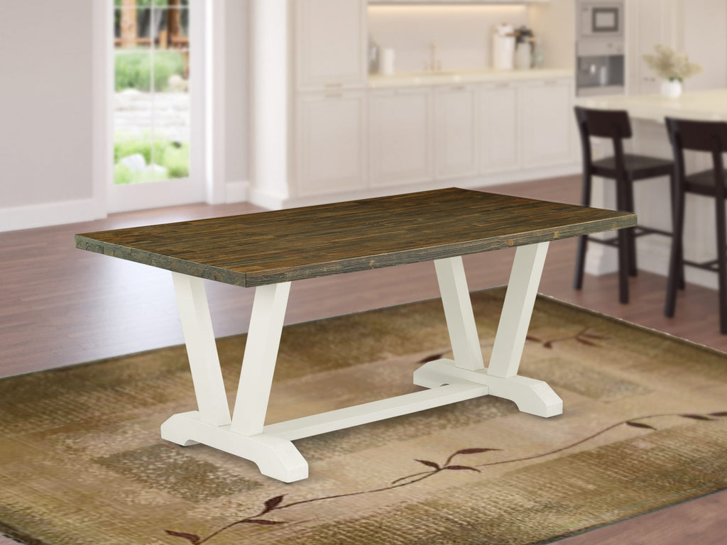 East West Furniture 6-Piece Dining Room Table Set- 4 Upholstered Dining Chairs with Baby Blue Linen Fabric Seat and Button Tufted Chair Back - Rectangular top & Wooden Legs Dining Room Table and Wooden Bench - Distressed Jacobean and linen white Finish