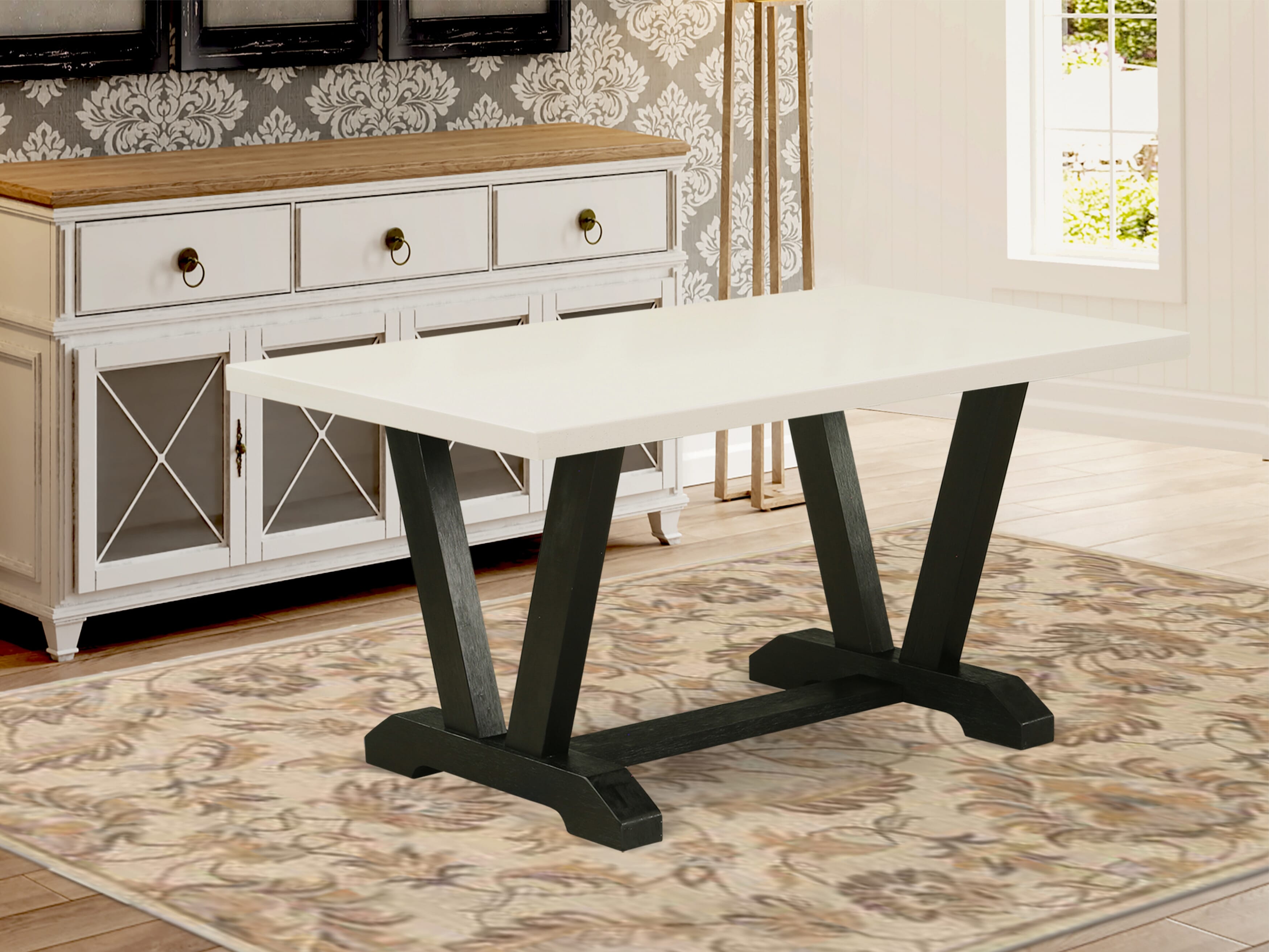 East West Furniture V626MZ606-5 5 Piece Modern Dining Table Set - A linen white Top Kitchen Table with Trestle Base and 4 Shitake Linen Fabric Parson Chairs - Wire Brushed Black Finish