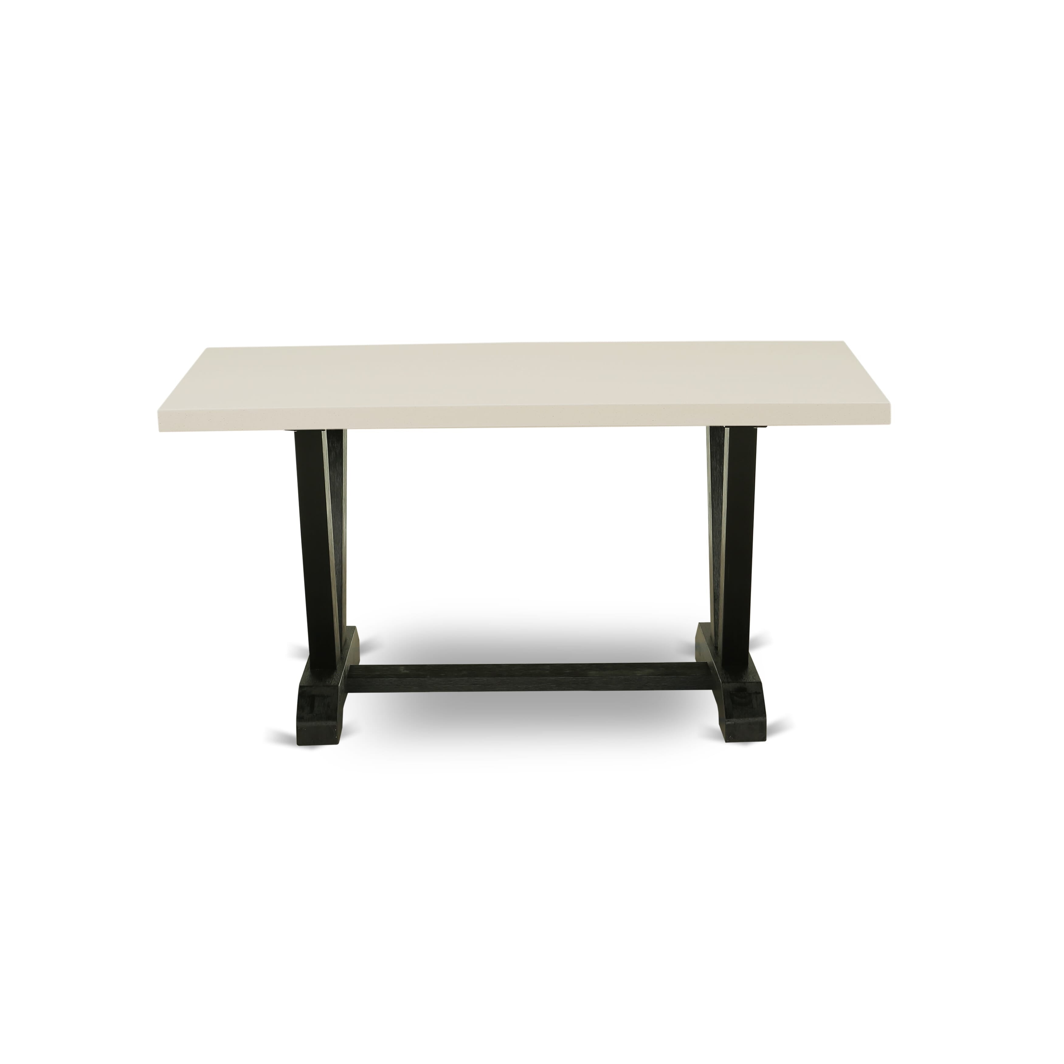 East West Furniture V626MZ606-7 7 Piece Dinner Table Set - A linen white Top Modern Dining Table with Trestle Base and 6 Shitake Linen Fabric Wooden Dining Chairs - Wire Brushed Black Finish