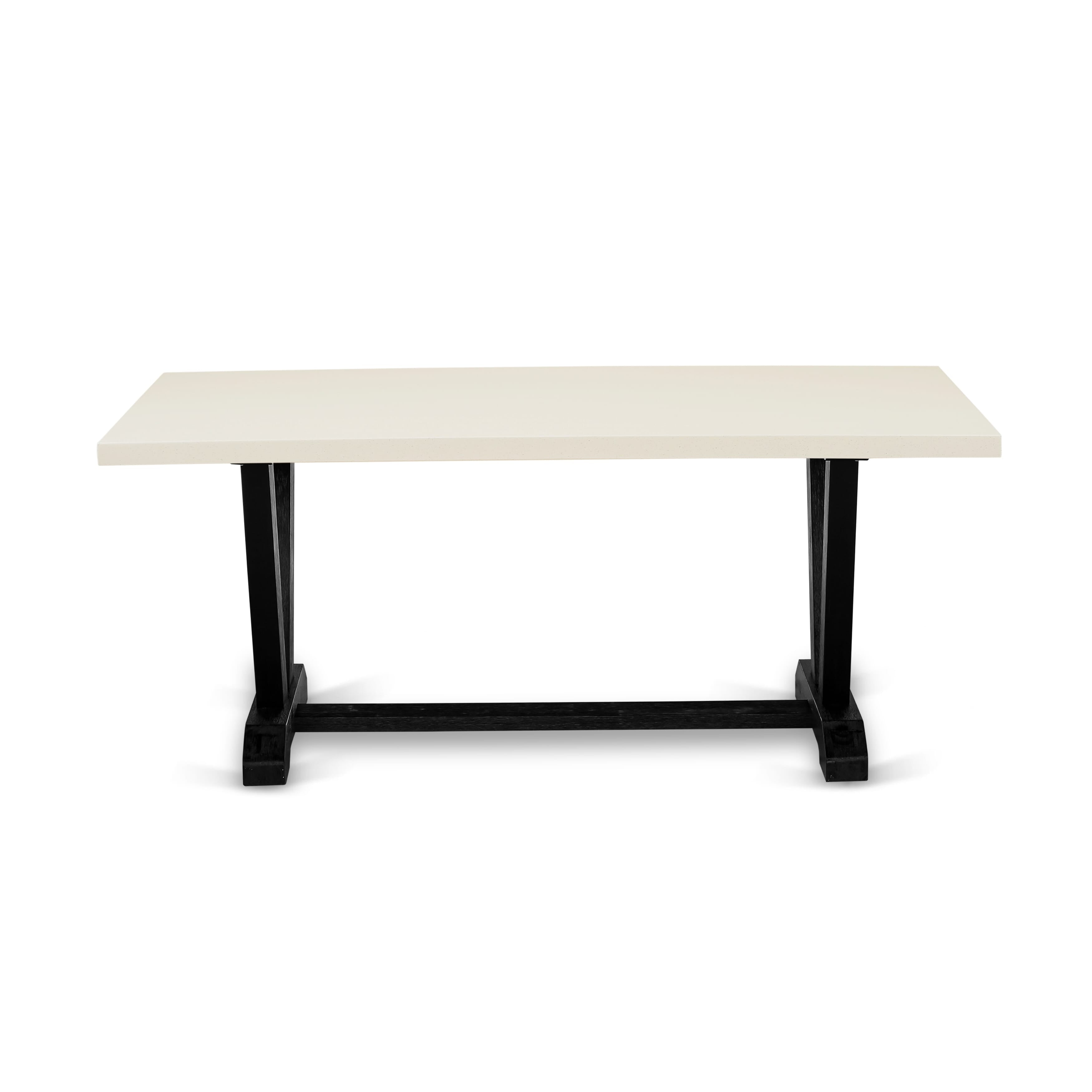 East West Furniture V627MZ650-7 7 Piece Kitchen Table Set - linen white Top Dinner Table with Trestle Base and 6 Dark Gotham Grey Linen Fabric Mid Century Dining Chairs - Wire Brushed Black Finish