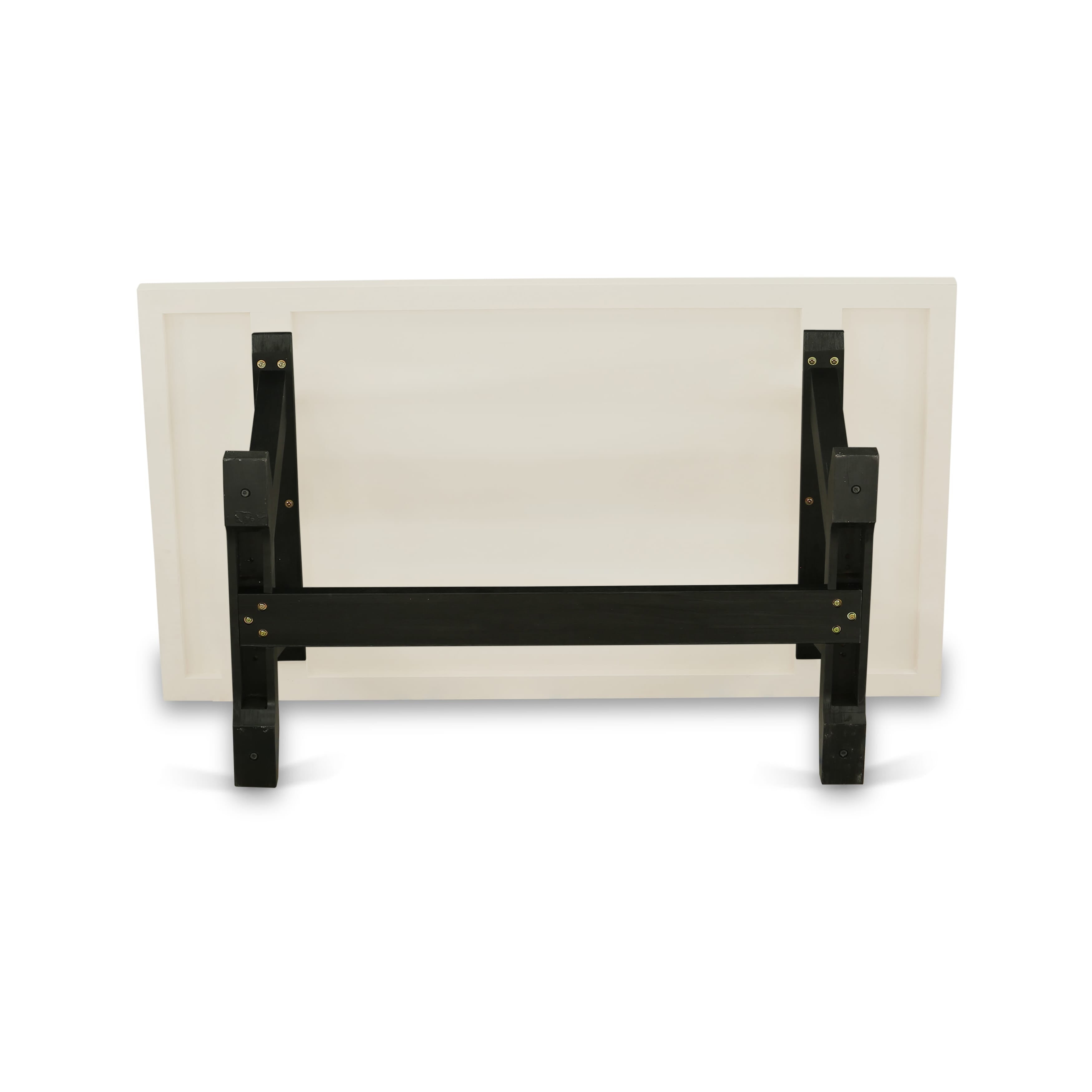 V627X1624-6 - 6-pc Dining set - a Linen White table and bench, 4 stackable chairs with Black Fabric - Wire-brushed Black