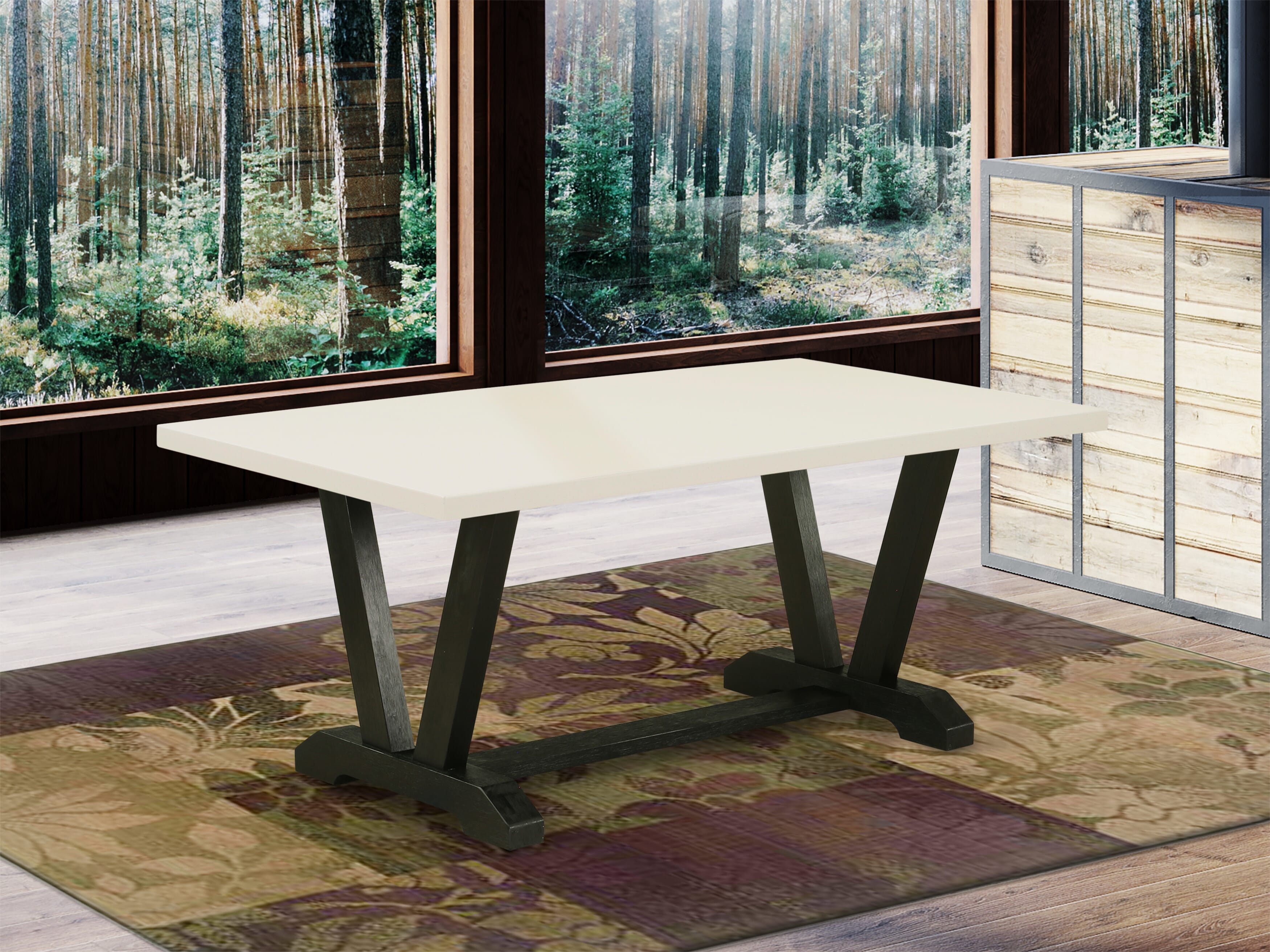 East West Furniture V627MZ606-9 9 Piece Mid Century Dining Set - A linen white Top Mid Century Dining Table with Trestle Base and 8 Shitake Linen Fabric Dining Room Chairs - Wire Brushed Black Finish