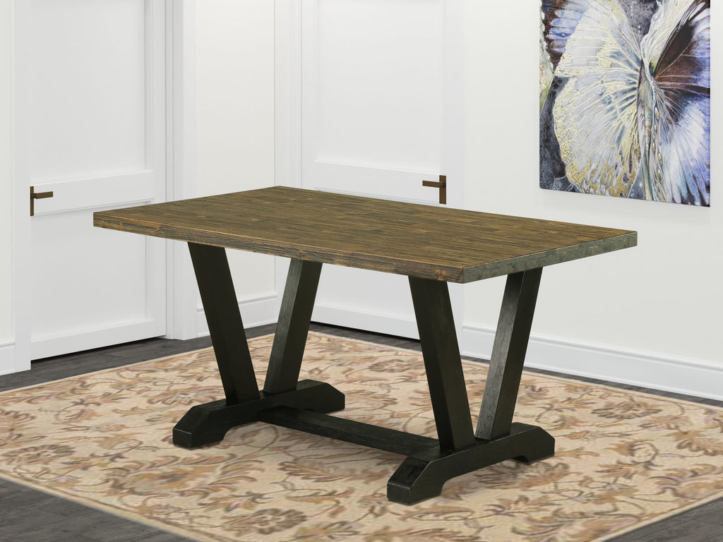 East West Furniture 6-Piece Kitchen Dining Room Set- 4 kitchen chairs with Coffee Linen Fabric Seat and Button Tufted Chair Back - Rectangular top & Wooden Legs Wood Kitchen Table and Dining Bench â€“ Distressed Jacobean and Wire Brushed Black Finish