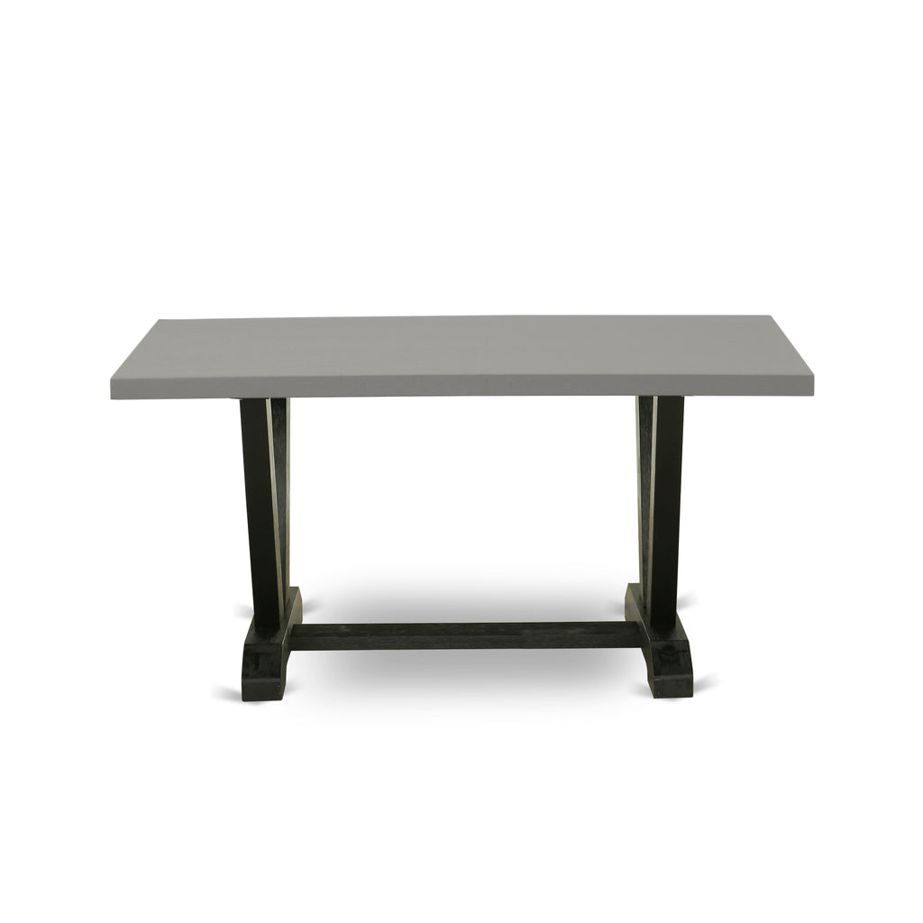 East West Furniture 6-Piece Kitchen Dining Room Set- 4 Mid Century Dining Chairs with Coffee Linen Fabric Seat and Button Tufted Chair Back - Rectangular top & Wooden Legs Kitchen Table and Dining Room Bench - Cement and Wire Brushed Black Finish