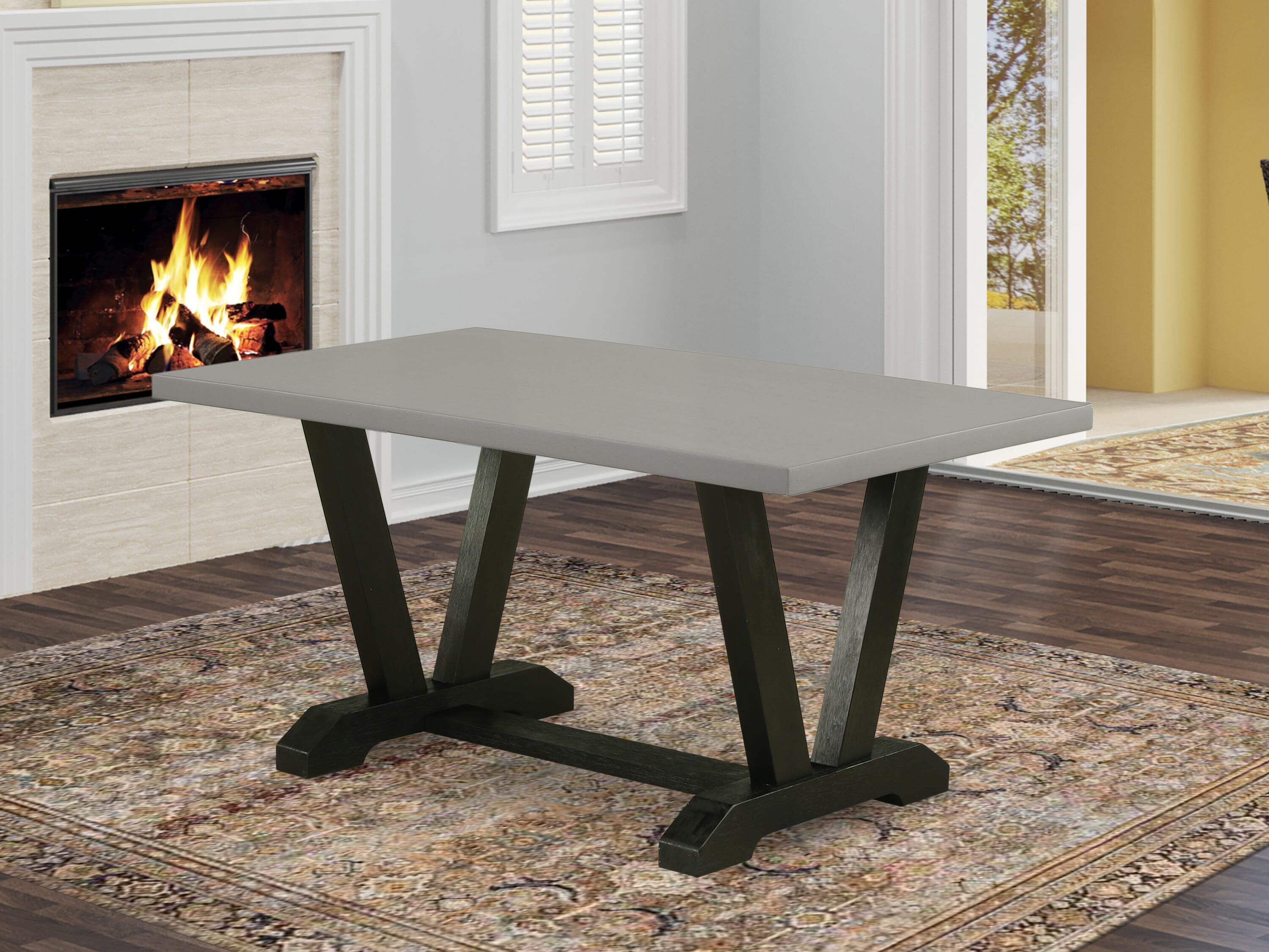 East West Furniture V696LA147-6 6-Piece Dining Room Table Set with Dining Table and Wood Bench - 4 Linen Fabric Parson dining room chairs (Wire Brushed Black Finish)