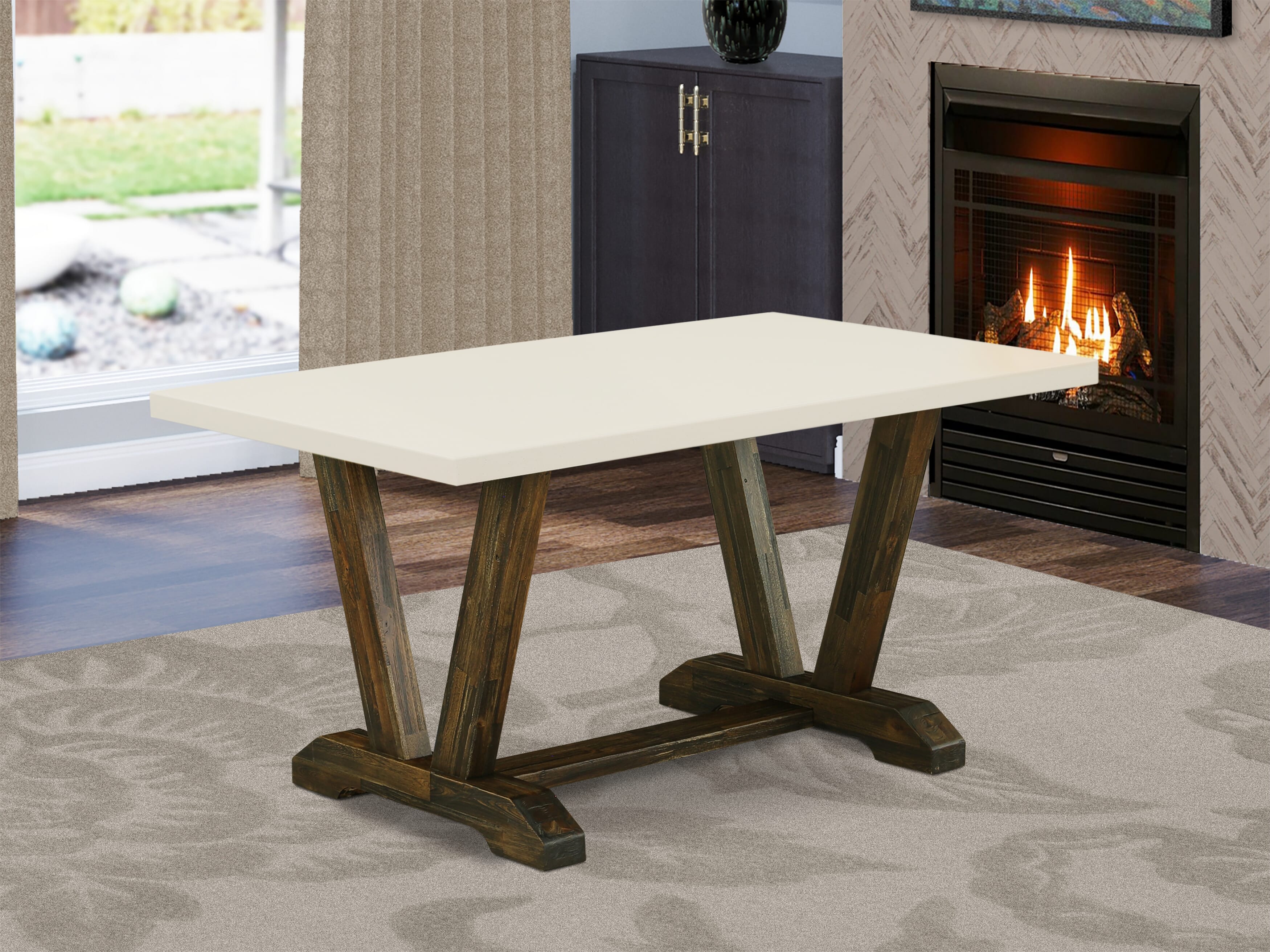 Juego de mesa de comedor de 7 piezas East West Furniture V726FO749-7 compuesto por una mesa de comedor rectangular con patas en V y 6 sillas Parson tapizadas en piel sintética negra.