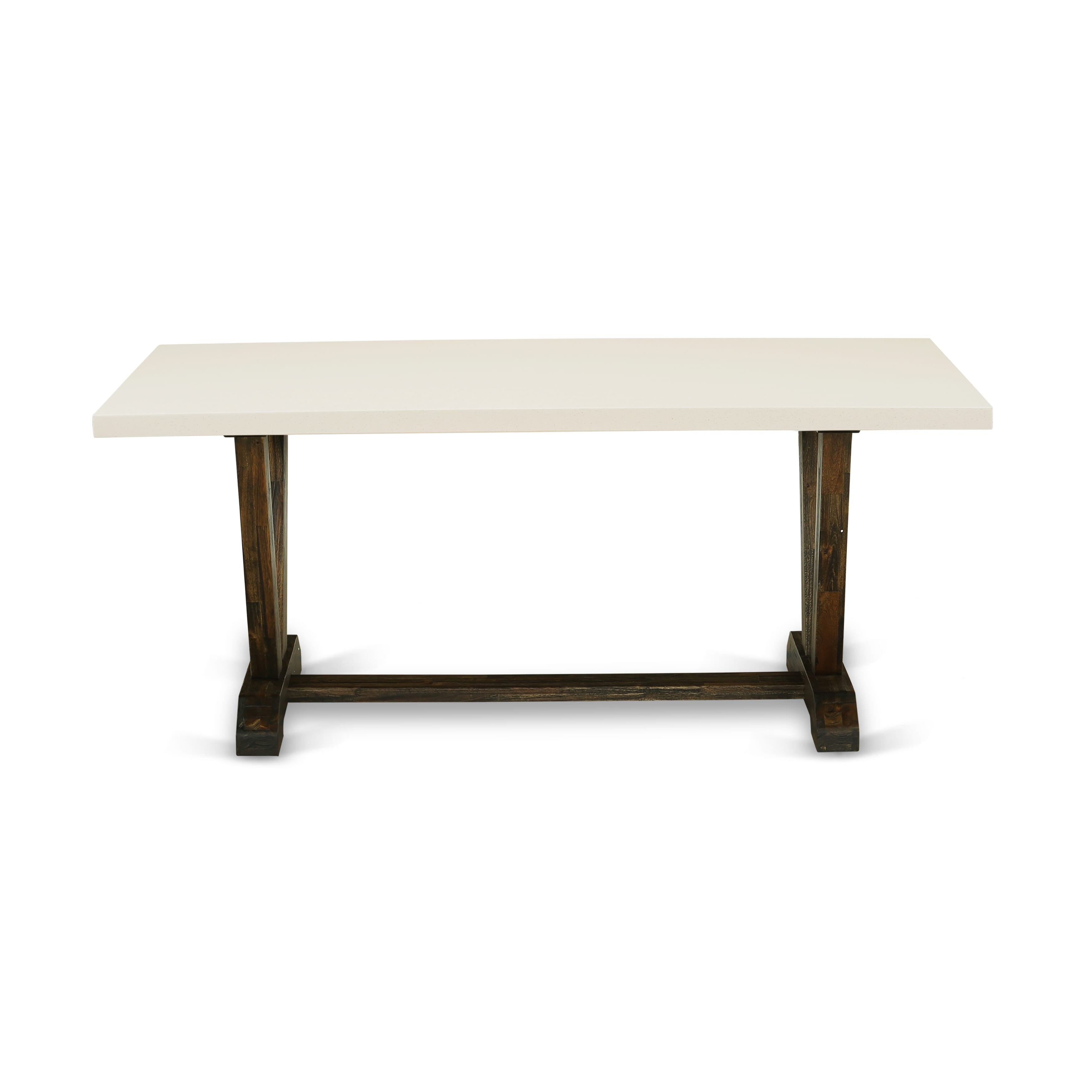 East West Furniture V727MZ716-6 6 Piece Dinner Table Set- A linen white Top Kitchen Table in Trestle Base with Small Bench and 4 Dark Khaki Linen Fabric parson chairs - Distressed Jacobean Finish
