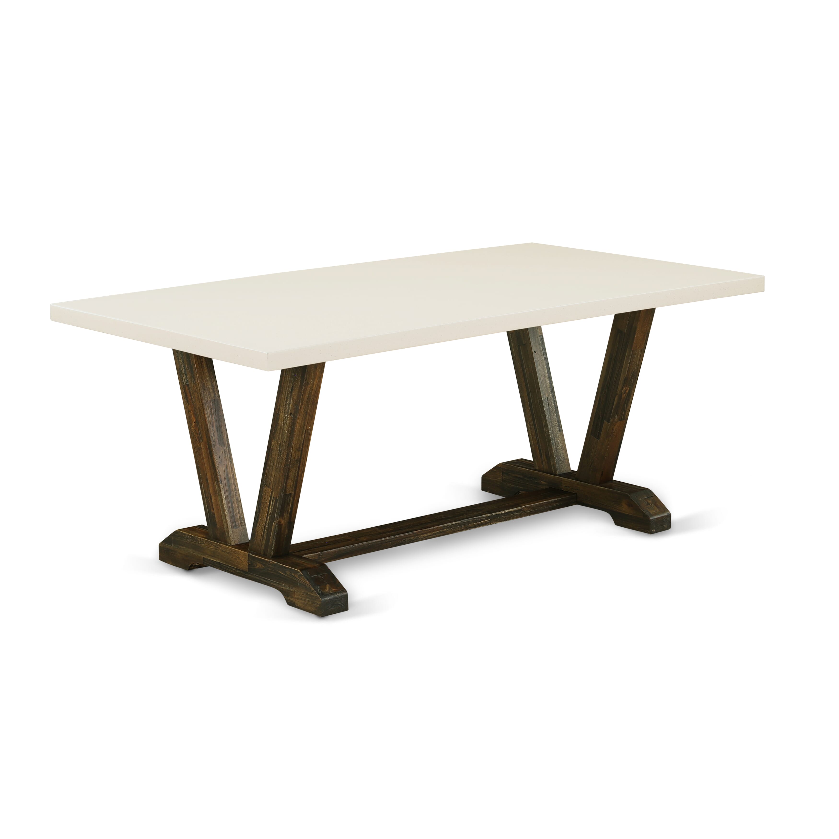 East West Furniture V727MZ716-7 7 Piece Dinning Table Set - A linen white Top Dining Table with Trestle Base and 6 Dark Khaki Linen Fabric Padded Dining Chairs - Distressed Jacobean Finish
