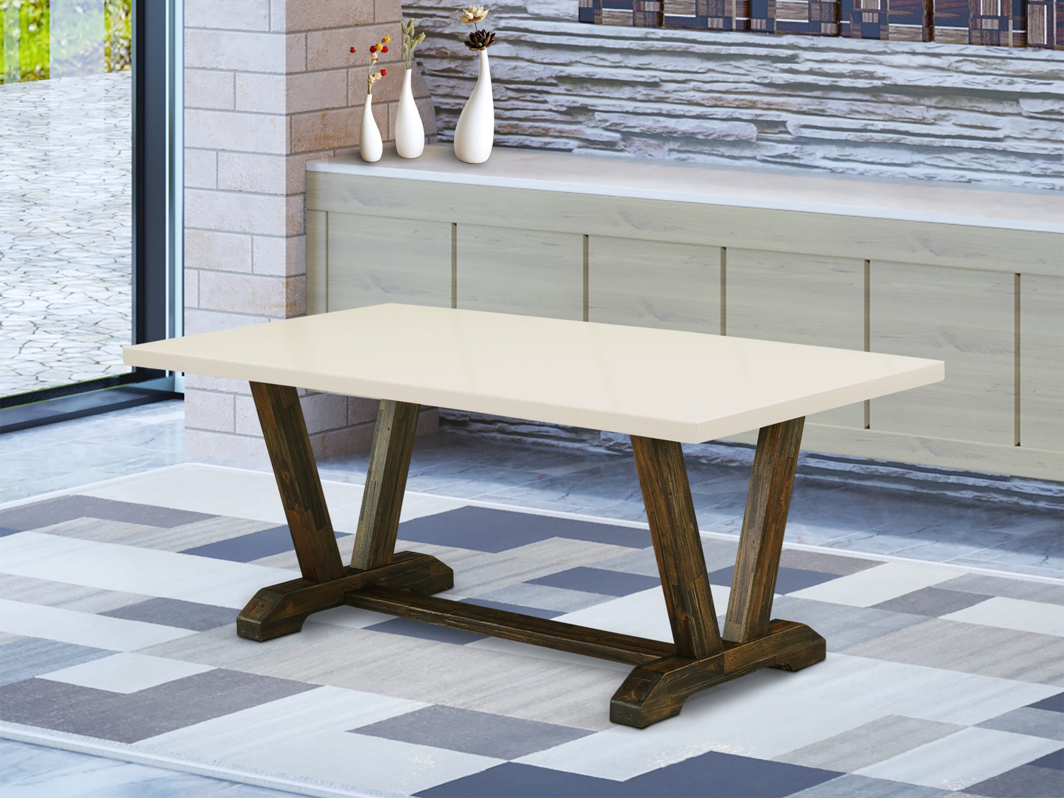 East West Furniture V727VE721-7 7Pc Dining Table set Consists of a Wood Table and 6 Parson Dining Chairs with Blue Color Linen Fabric, Distressed Jacobean and Linen White Finish